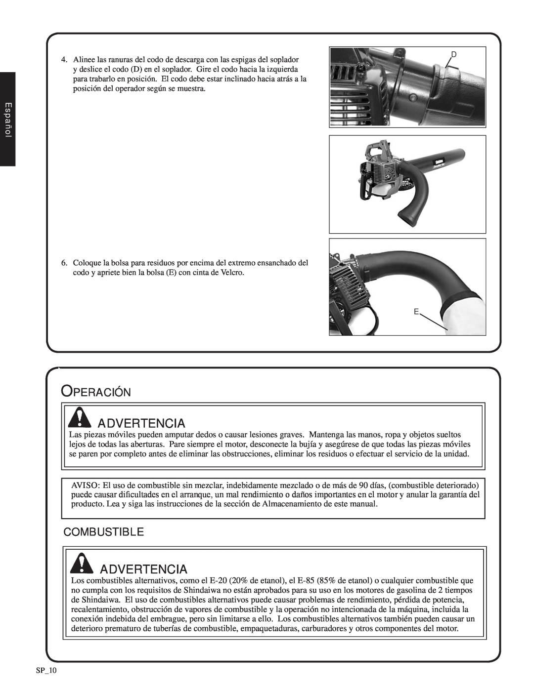 Shindaiwa SV212, 82052 manual Operación, combustible, Advertencia, Español 