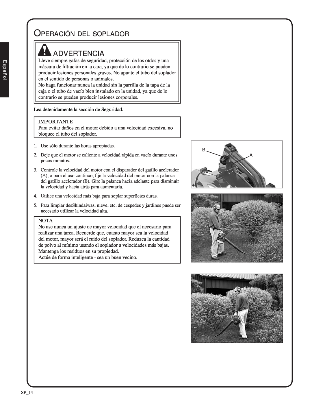 Shindaiwa SV212, 82052 manual Operación del soplador, advertencia, Español 