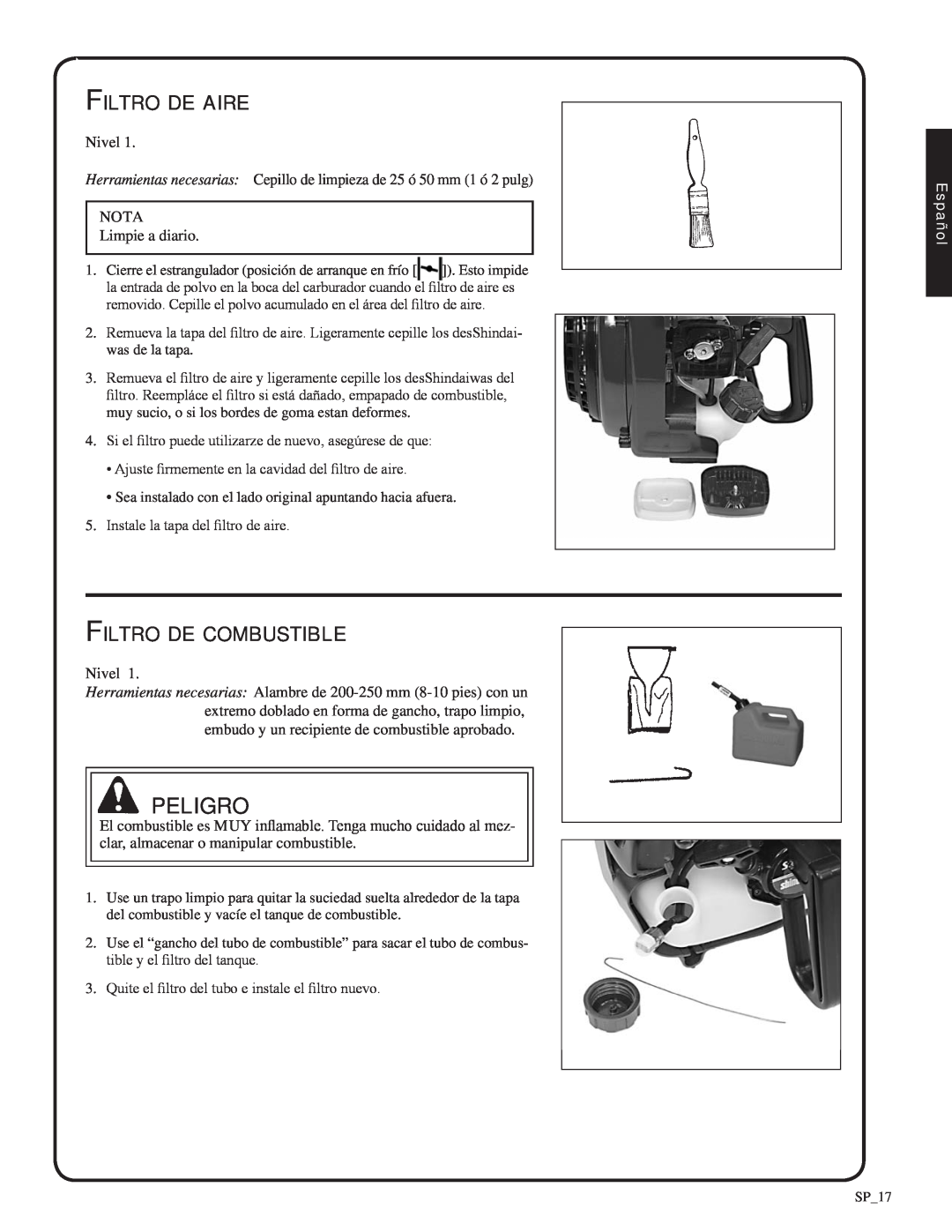 Shindaiwa 82052, SV212 manual peligro, Filtro de aire, Filtro de combustible, Español 