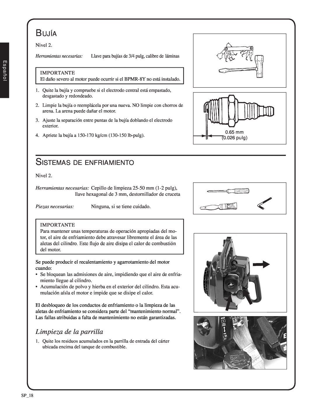Shindaiwa SV212, 82052 manual Limpieza de la parrilla, Bujía, Sistemas de enfriamiento, Español 
