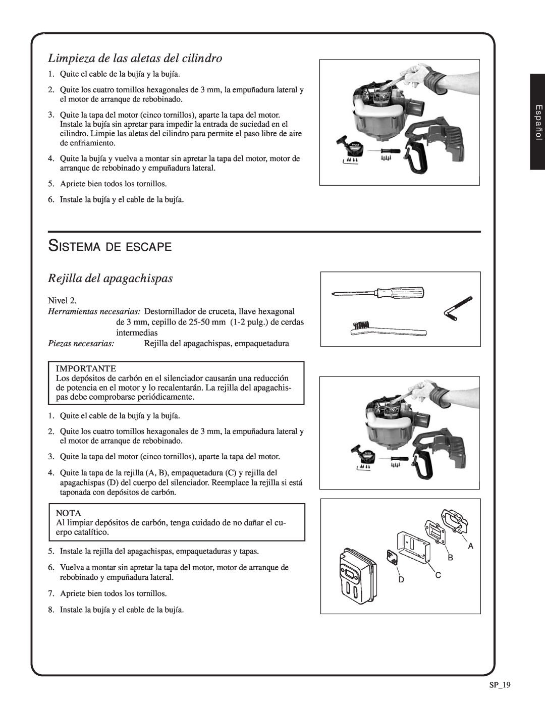 Shindaiwa 82052, SV212 manual Limpieza de las aletas del cilindro, Rejilla del apagachispas, Sistema de escape, Español 