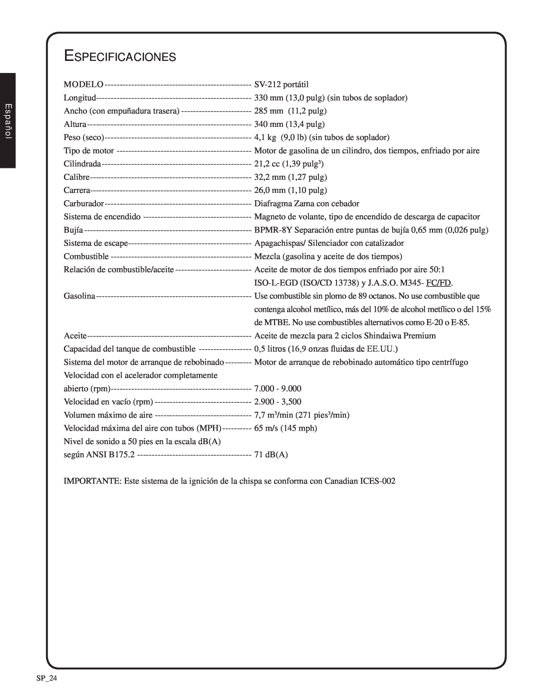 Shindaiwa SV212, 82052 manual Especificaciones, Español 