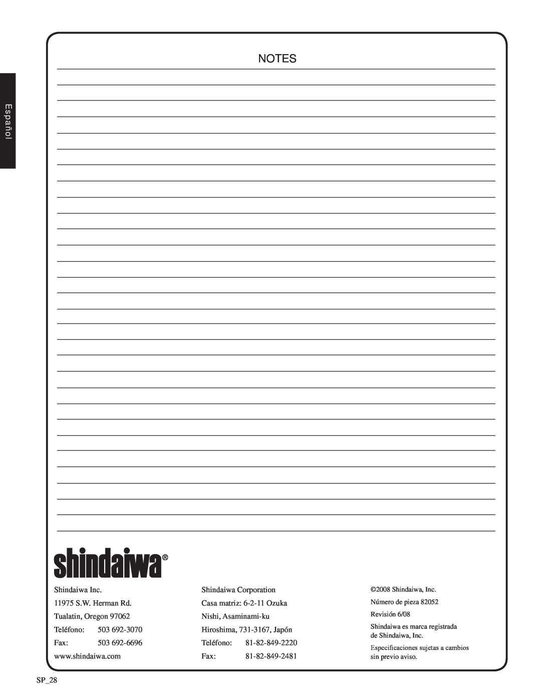 Shindaiwa SV212, 82052 manual notes, Español, Shindaiwa Inc 