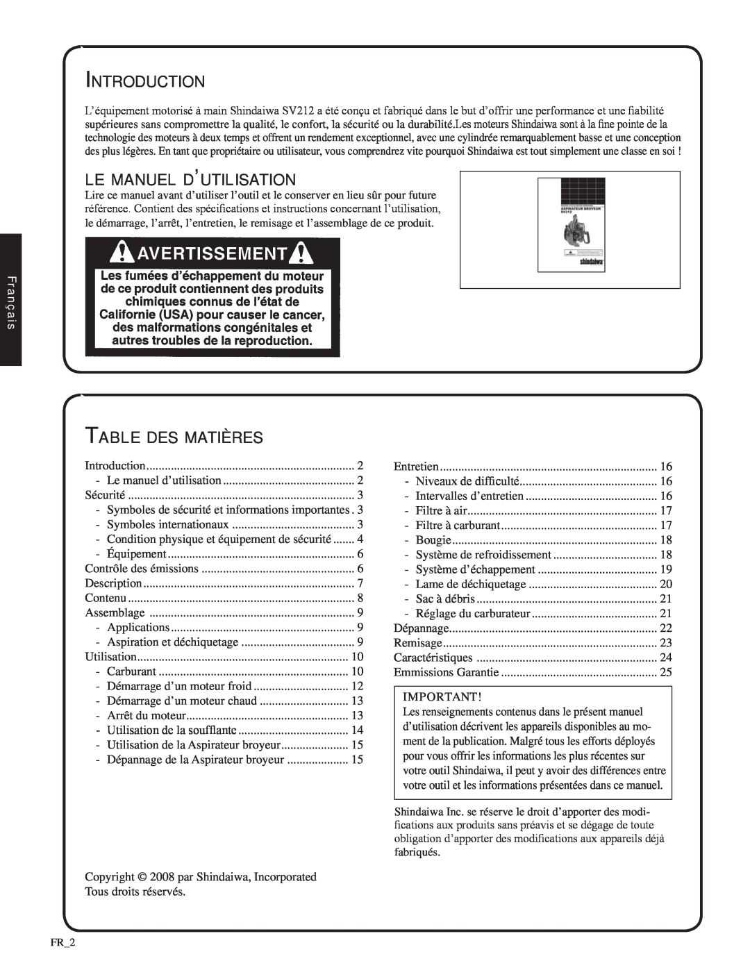 Shindaiwa SV212, 82052 manual le manuel d’utilisation, Table des matières, Français, Introduction 