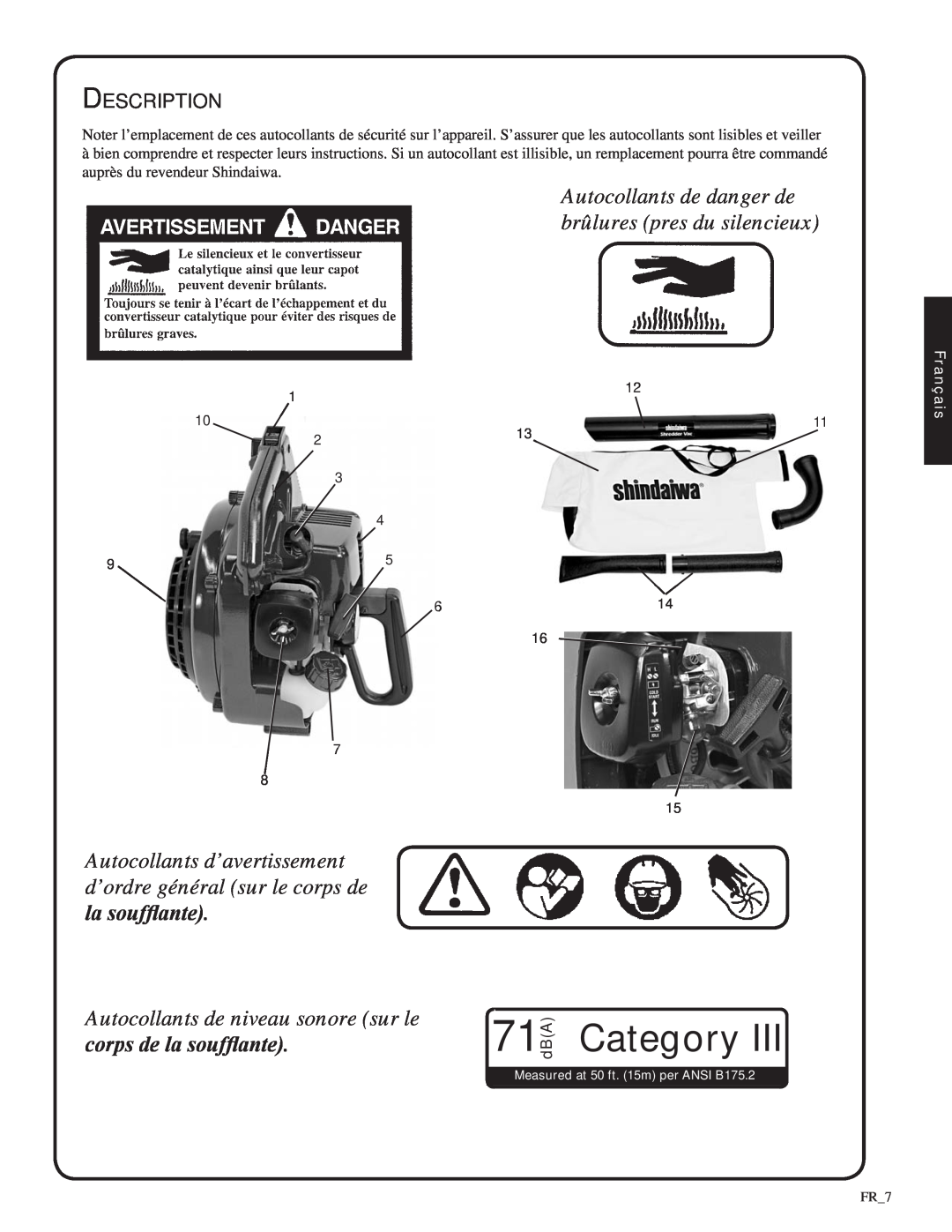 Shindaiwa 82052 manual Autocollants de niveau sonore sur le, corps de la soufflante, Category, Description, 71dBA, Français 