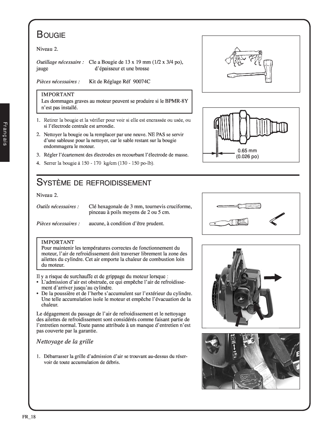 Shindaiwa SV212, 82052 manual Bougie, Système de refroidissement, Nettoyage de la grille, Pièces nécessaires, Français 