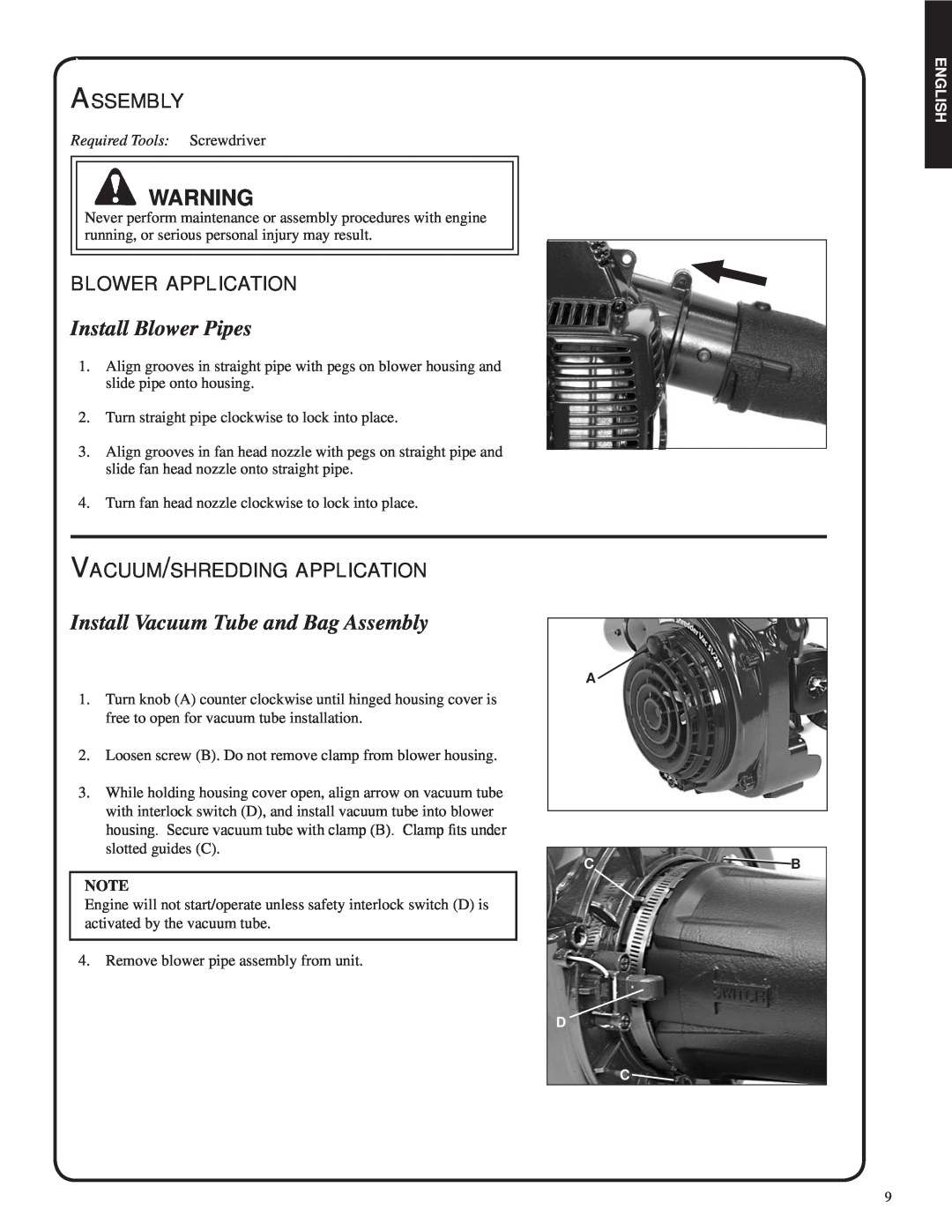 Shindaiwa 82052, SV212 manual Install Blower Pipes, Install Vacuum Tube and Bag Assembly, blower application, English 