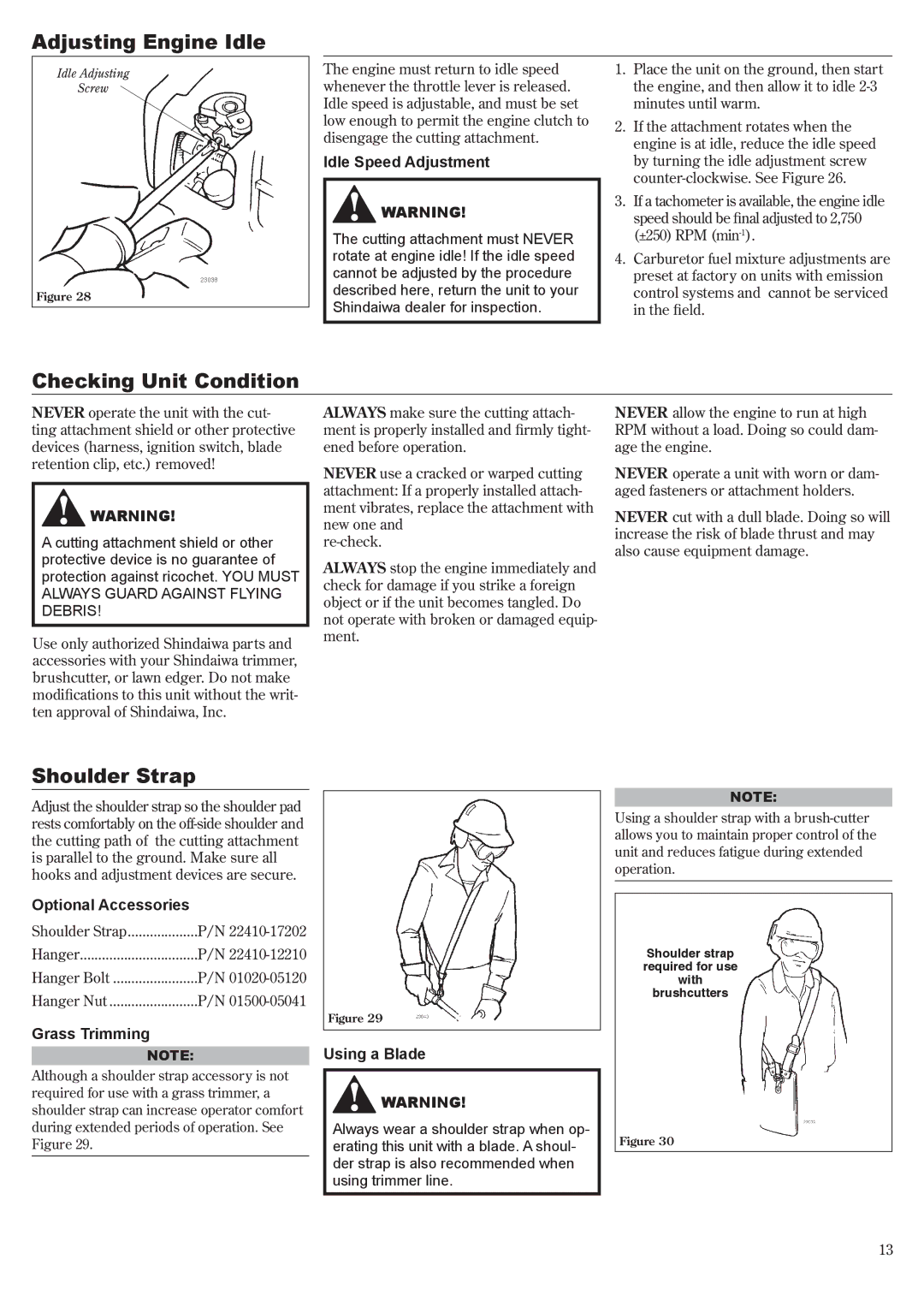 Shindaiwa T230 manual Adjusting Engine Idle, Checking Unit Condition, Shoulder Strap 