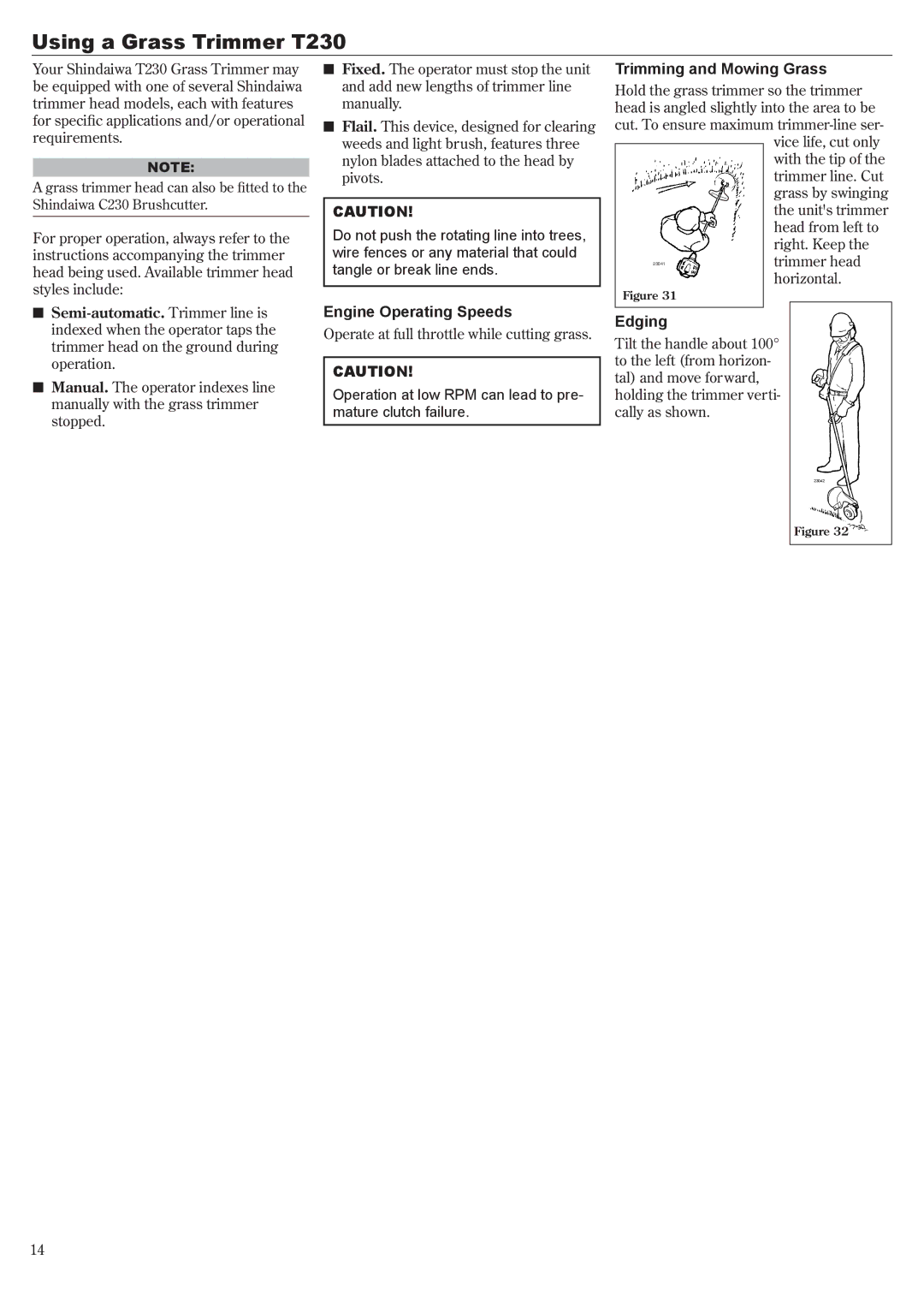 Shindaiwa manual Using a Grass Trimmer T230, Engine Operating Speeds, Trimming and Mowing Grass, Edging 