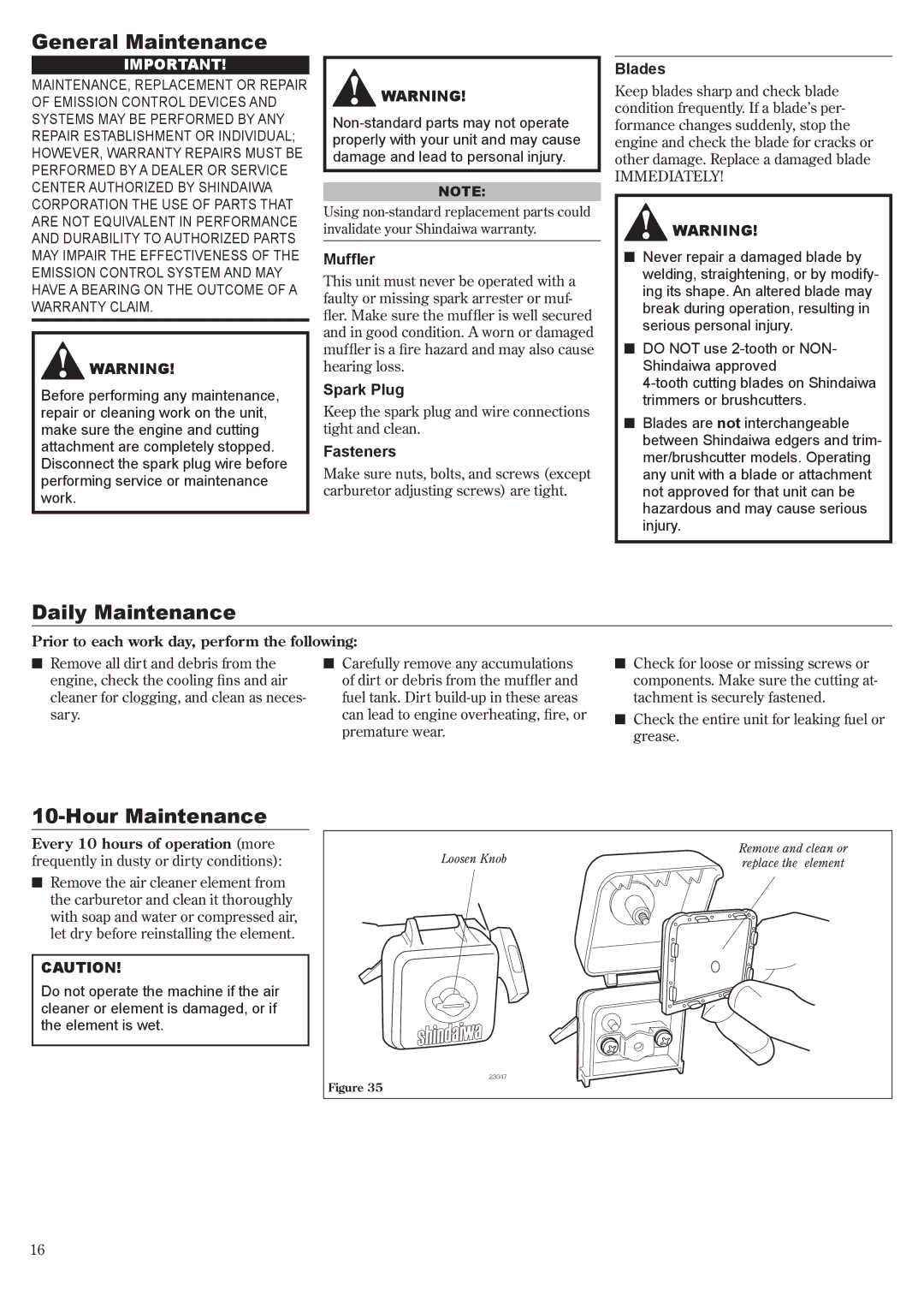 Shindaiwa T230 manual General Maintenance, Daily Maintenance, Hour Maintenance 