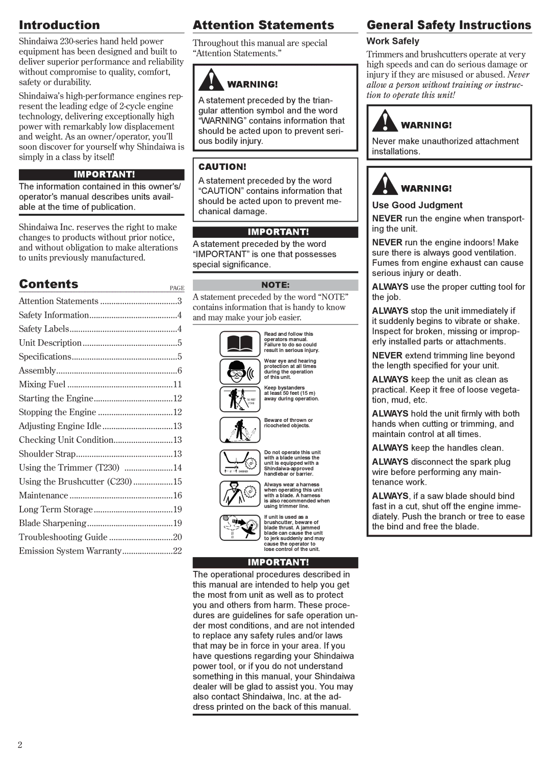 Shindaiwa T230 manual Introduction, Contents, General Safety Instructions 