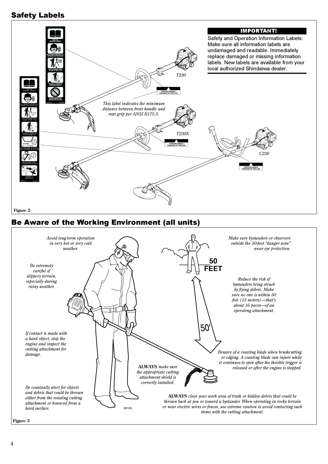 Shindaiwa T230 manual Safety Labels, Be Aware of the Working Environment all units 