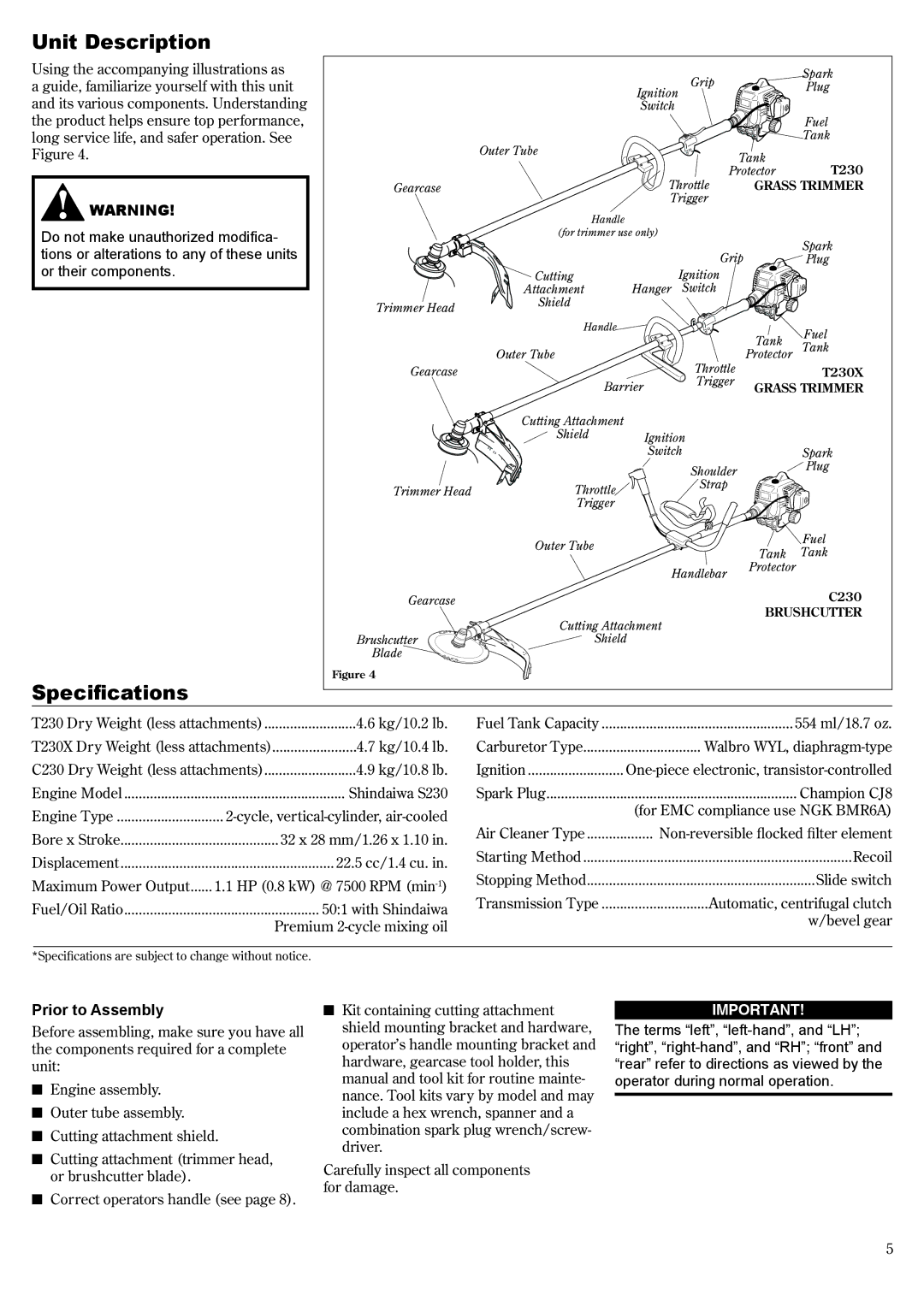 Shindaiwa T230 manual Unit Description, Specifications, Prior to Assembly 