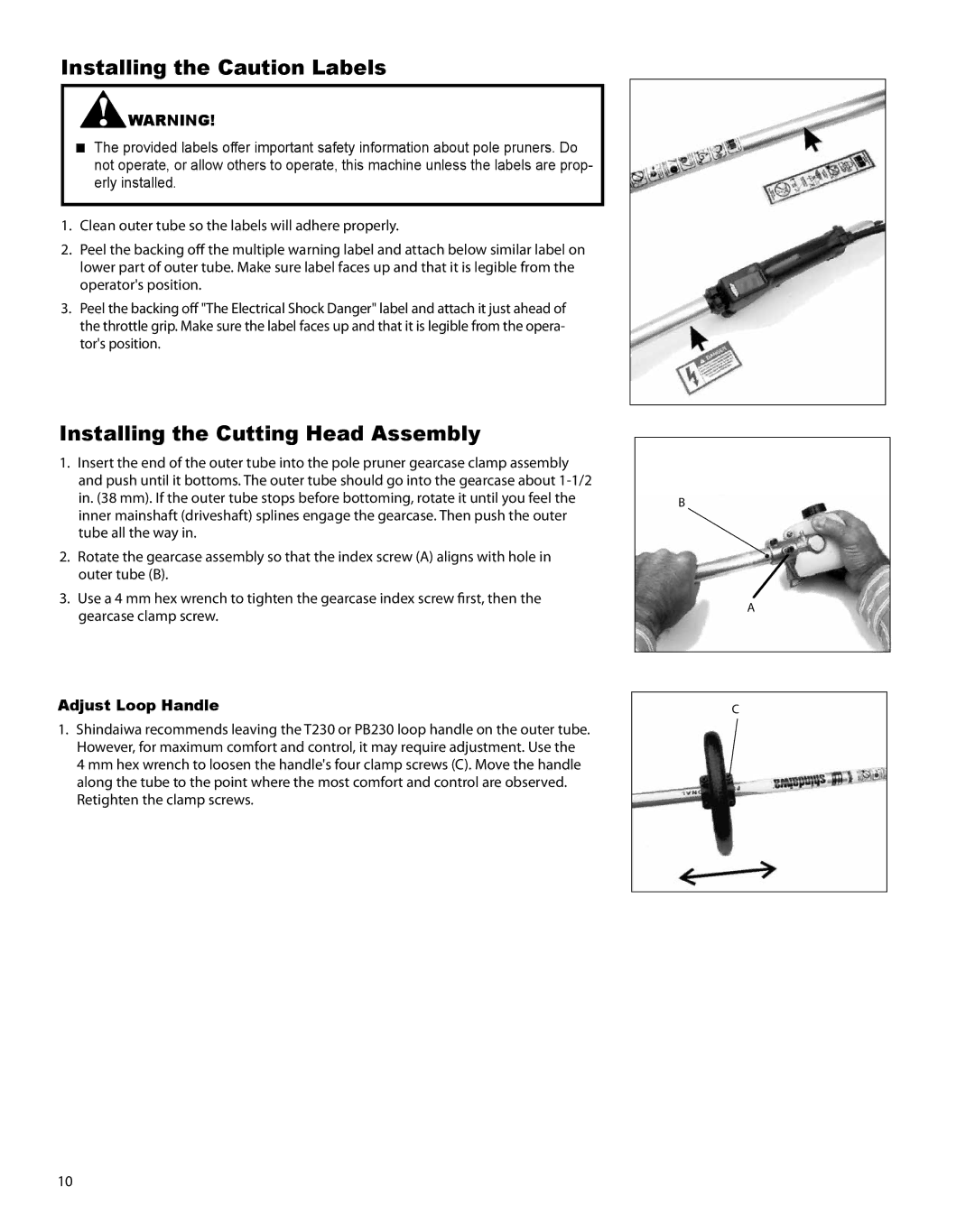 Shindaiwa T230 manual Installing the Caution Labels, Installing the Cutting Head Assembly, Adjust Loop Handle 