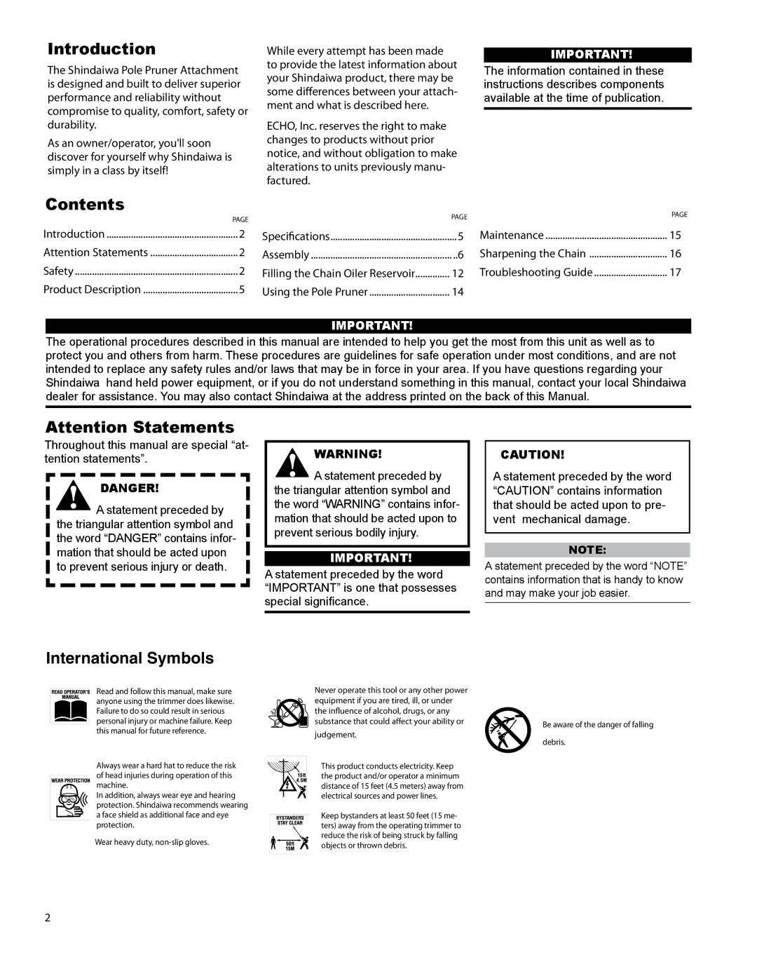 Shindaiwa T230 manual Introduction, Contents, International Symbols 