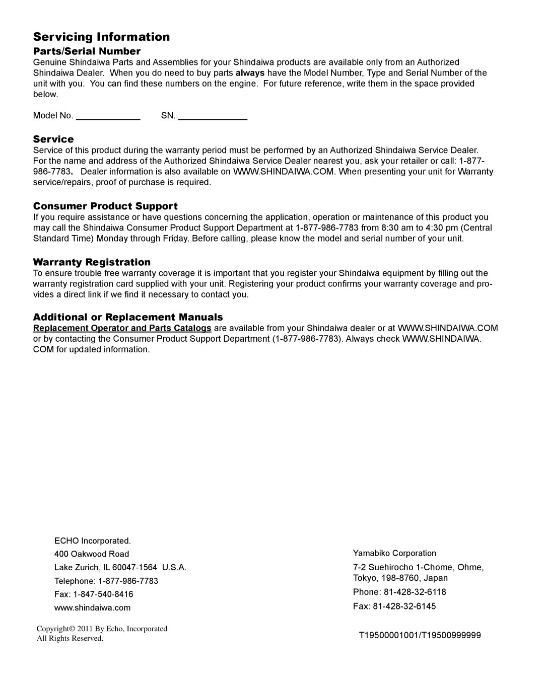 Shindaiwa T230 manual Servicing Information, Parts/Serial Number 