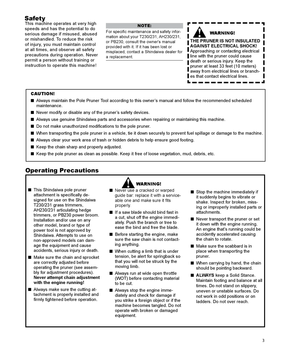 Shindaiwa T230 manual Safety, Operating Precautions 