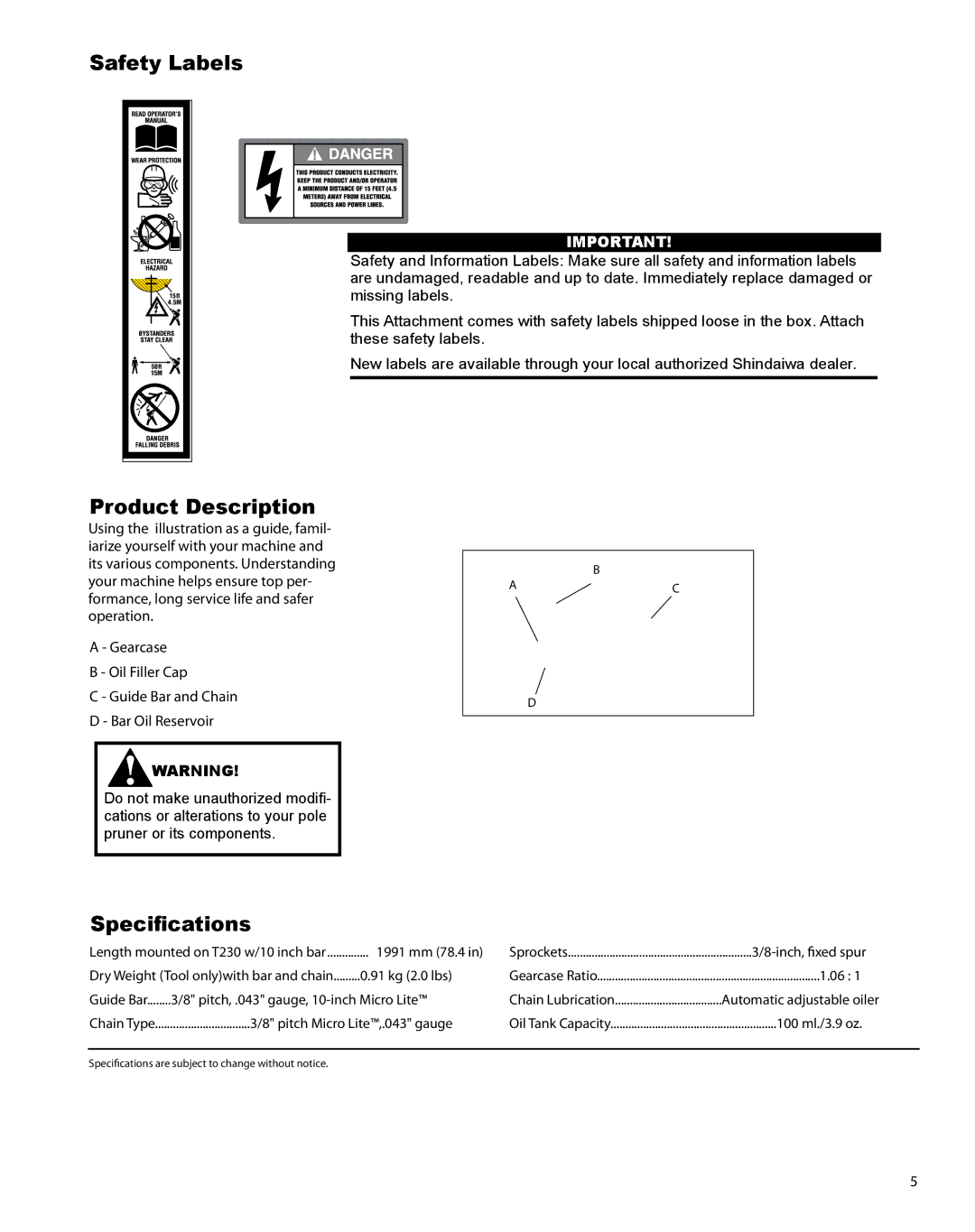 Shindaiwa T230 manual Safety Labels, Product Description, Specifications 