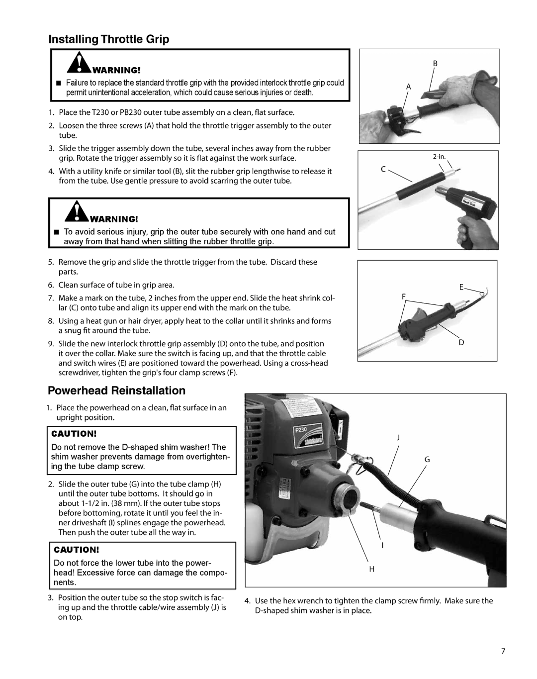 Shindaiwa T230 manual Installing Throttle Grip, Powerhead Reinstallation 