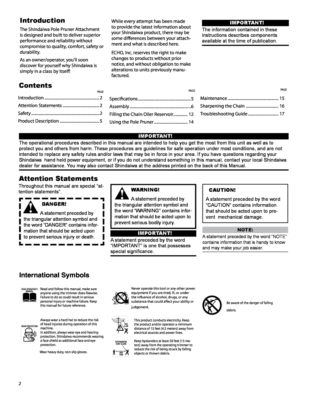 Shindaiwa T230 manual Introduction, Contents, Attention Statements, International Symbols, Danger 