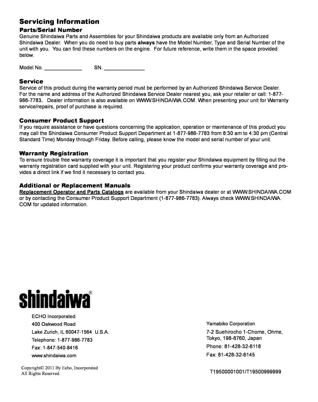 Shindaiwa T230 manual Servicing Information, Parts/Serial Number, Service, Consumer Product Support, Warranty Registration 
