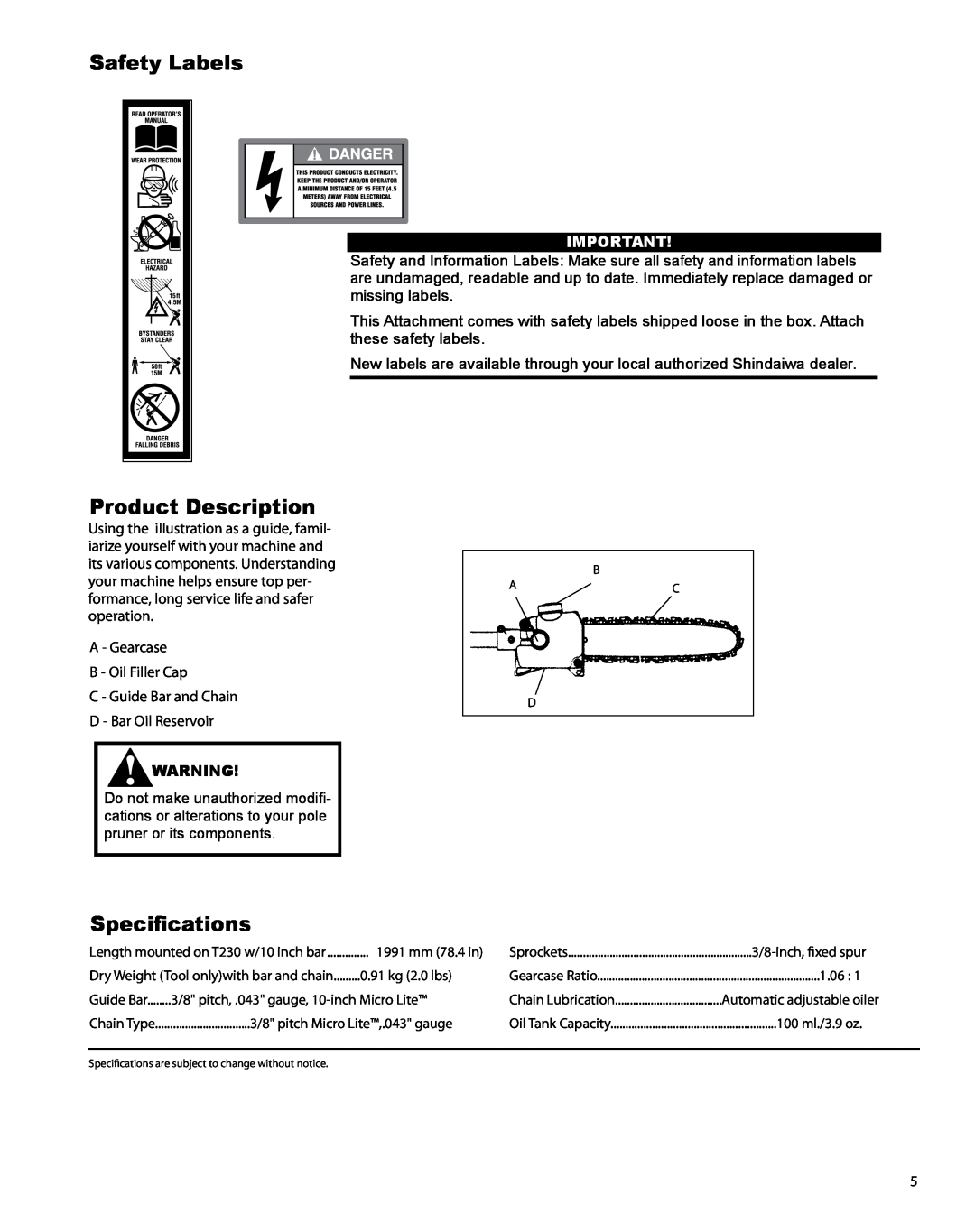 Shindaiwa T230 manual Safety Labels, Product Description, Specifications 