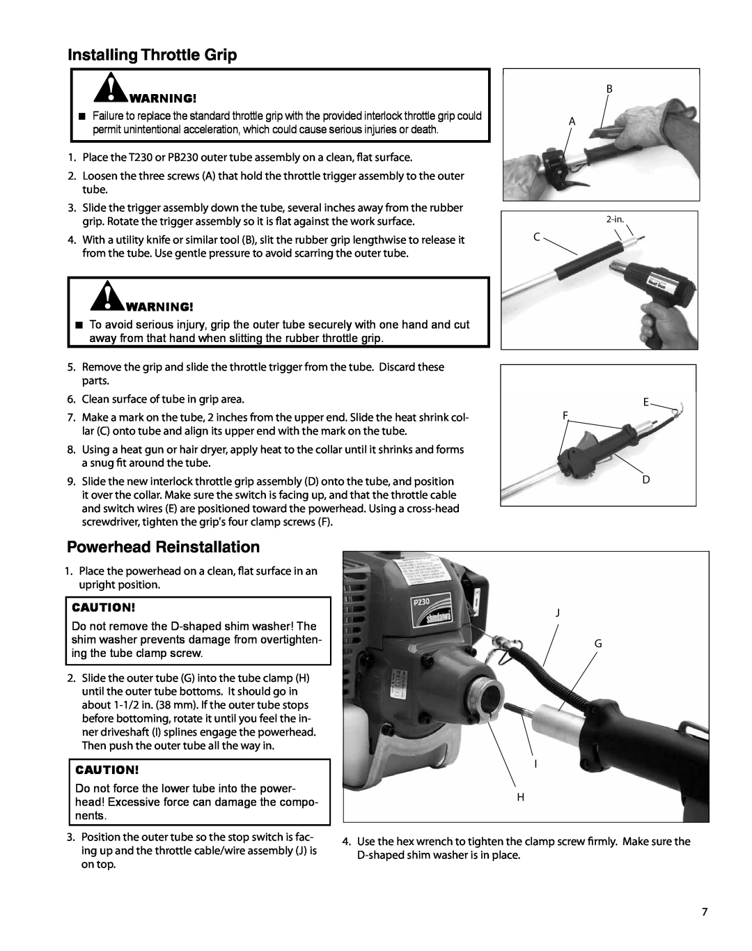 Shindaiwa T230 manual Installing Throttle Grip, Powerhead Reinstallation 