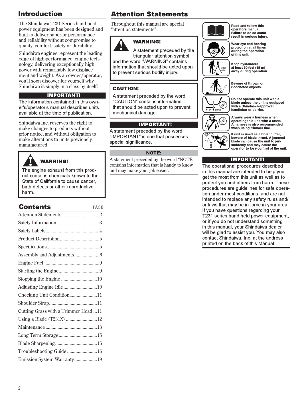 Shindaiwa 81601, T231X/EVC, T231/EVC manual Introduction, Contents 