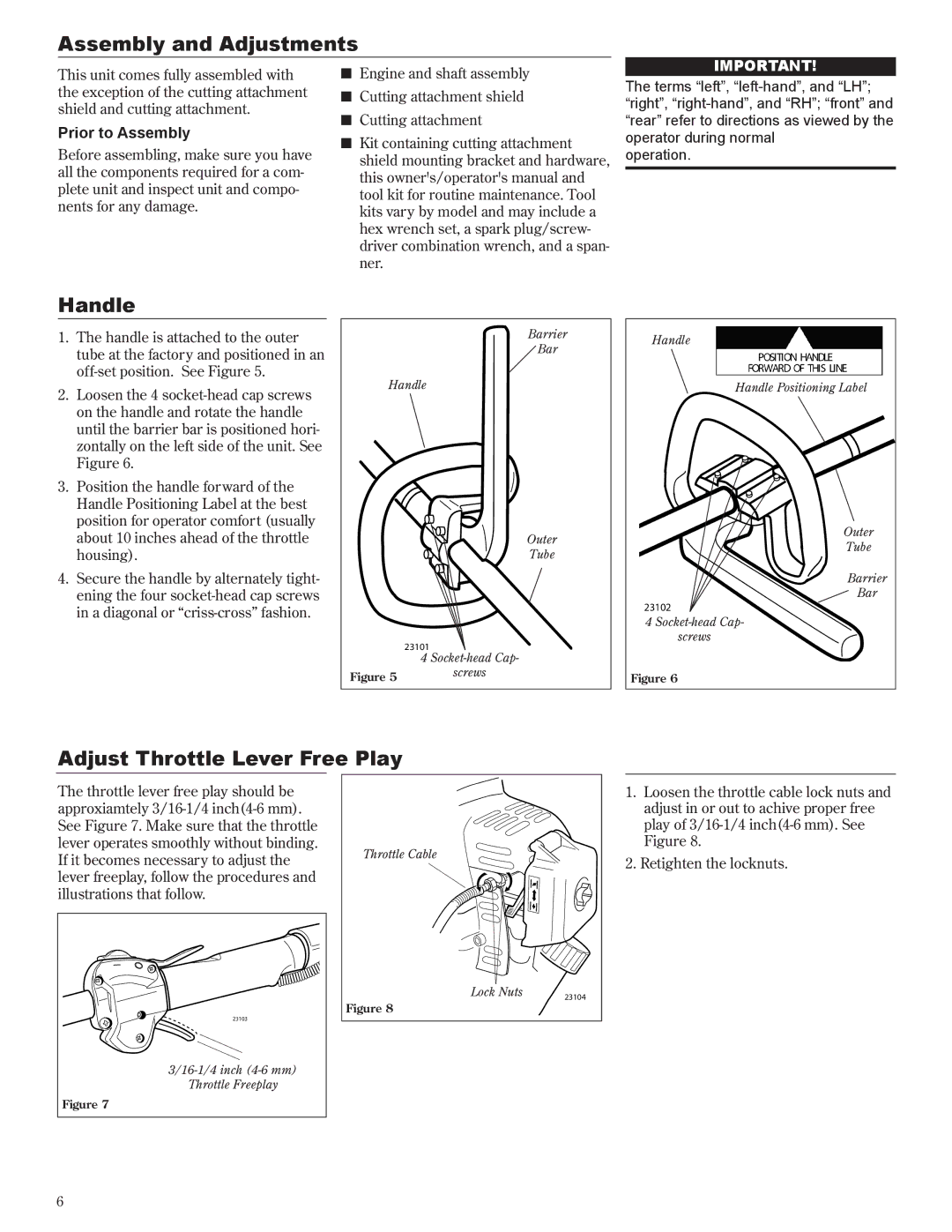 Shindaiwa T231X/EVC, T231/EVC, 81601 Assembly and Adjustments, Handle, Adjust Throttle Lever Free Play, Prior to Assembly 