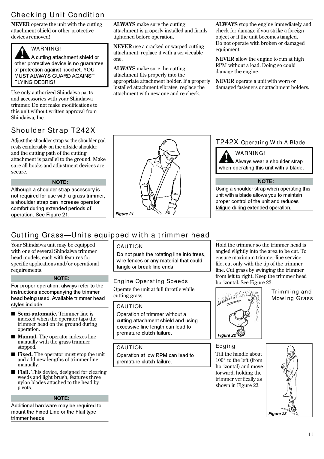 Shindaiwa T242X/EVC manual Checking Unit Condition, Shoulder Strap T242X, Cutting Grass-Units equipped with a trimmer head 