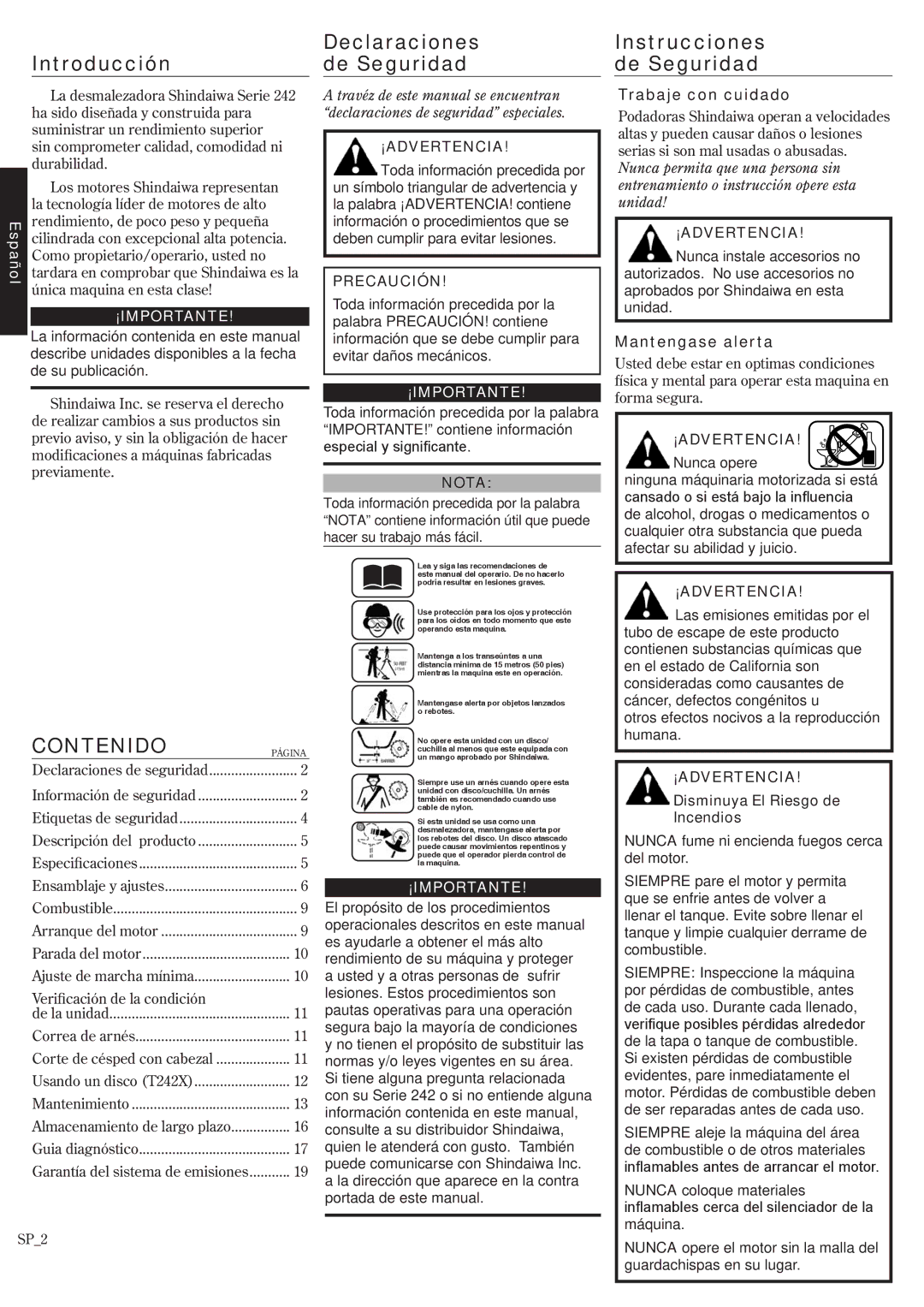 Shindaiwa T242/EVC, T242X/EVC manual Introducción, Declaraciones de Seguridad, Instrucciones de Seguridad 