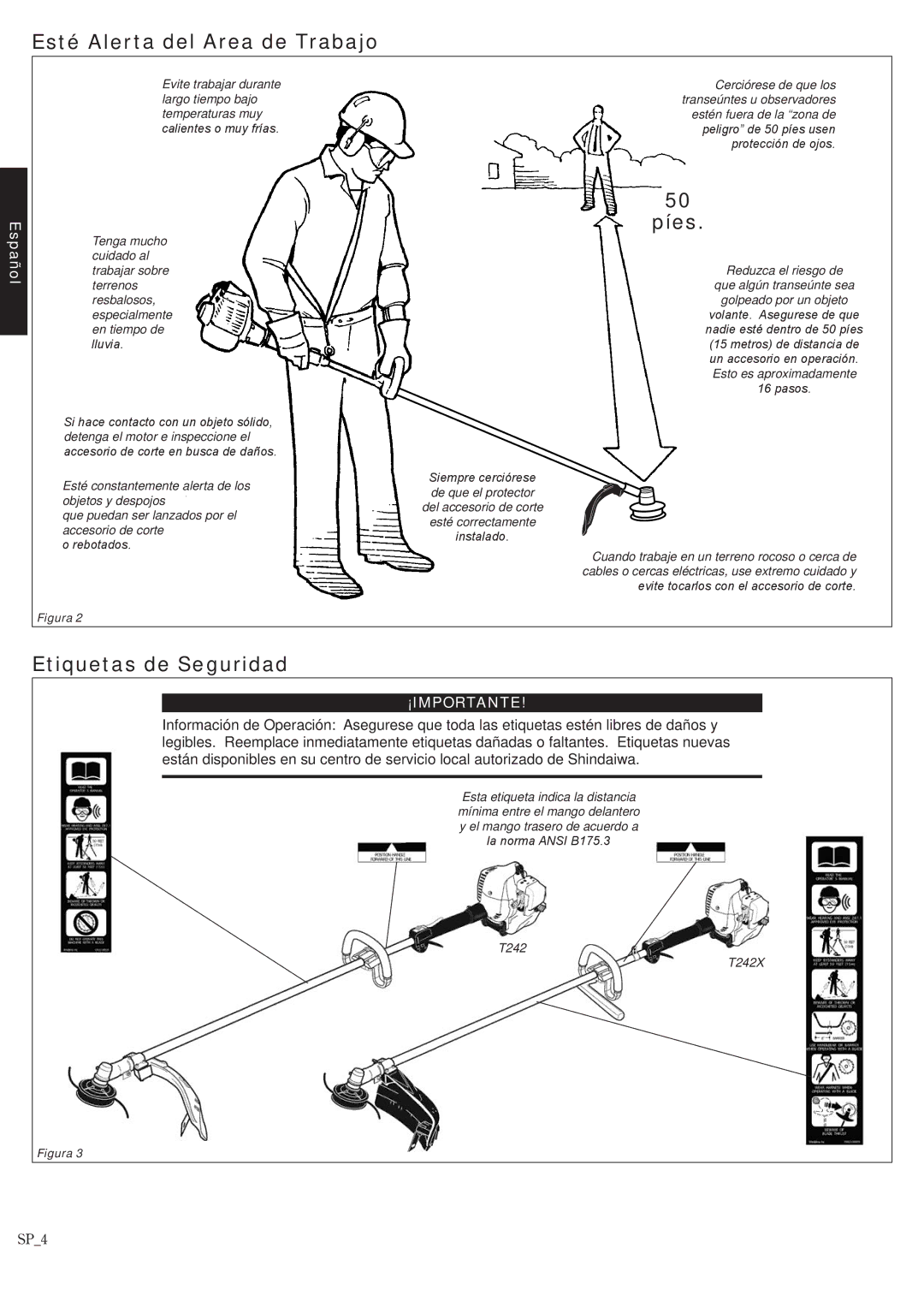 Shindaiwa T242/EVC, T242X/EVC manual Esté Alerta del Area de Trabajo, Píes, Etiquetas de Seguridad 