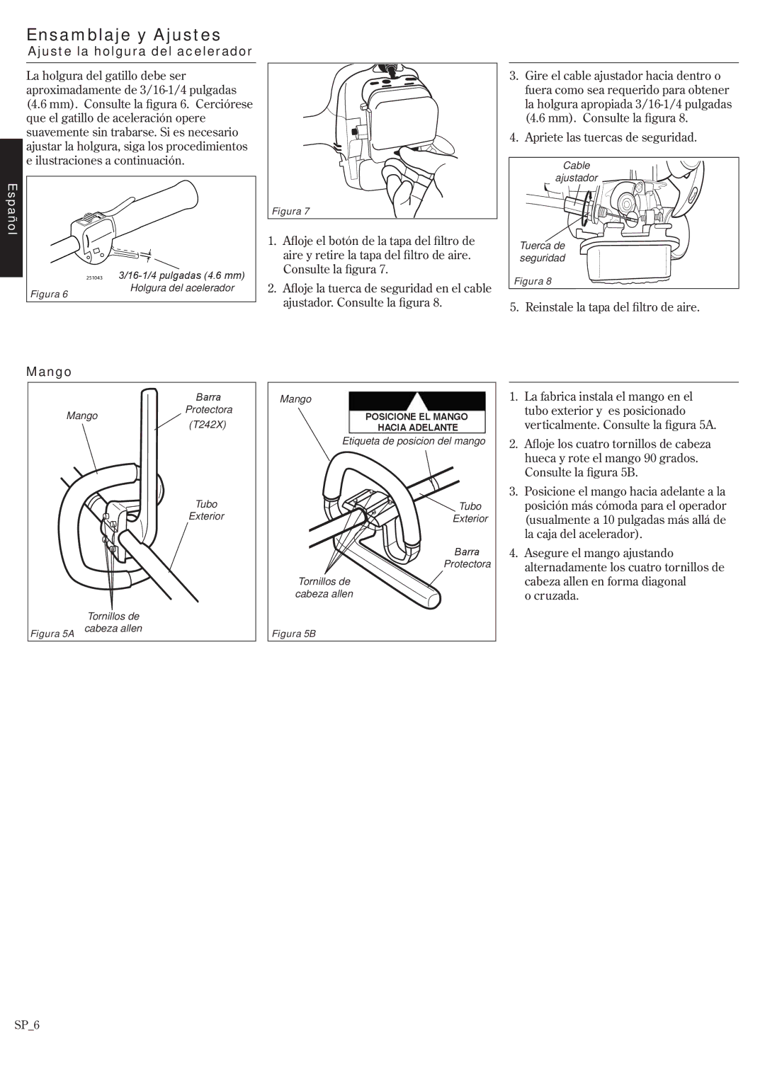 Shindaiwa T242/EVC, T242X/EVC manual Ensamblaje y Ajustes, Ajuste la holgura del acelerador, Mango 