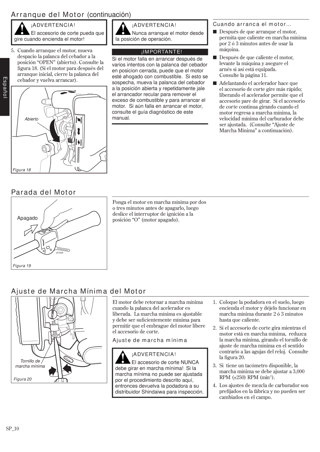 Shindaiwa T242/EVC, T242X/EVC manual Arranque del Motor continuación, Parada del Motor, Ajuste de Marcha Mínima del Motor 