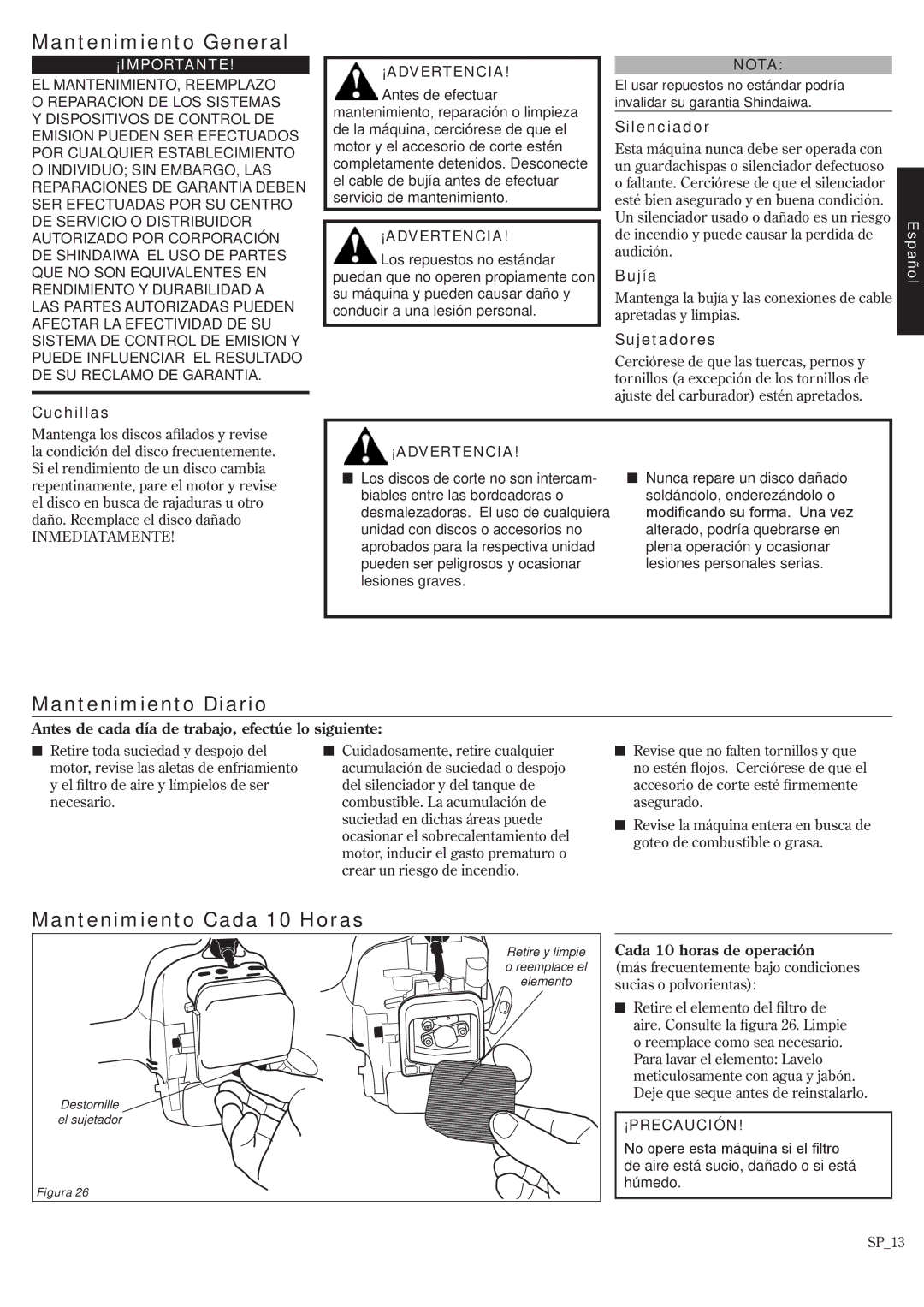 Shindaiwa T242X/EVC, T242/EVC manual Mantenimiento General, Mantenimiento Diario, Mantenimiento Cada 10 Horas 