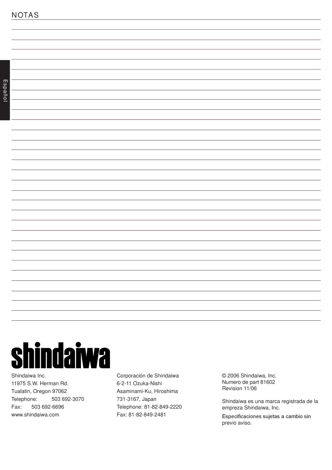 Shindaiwa T242/EVC, T242X/EVC manual Notas 