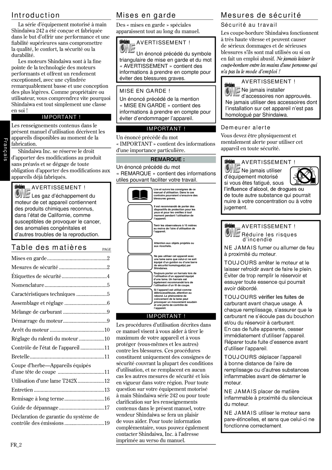 Shindaiwa T242/EVC, T242X/EVC manual Table des matières, Mises en garde, Mesures de sécurité 