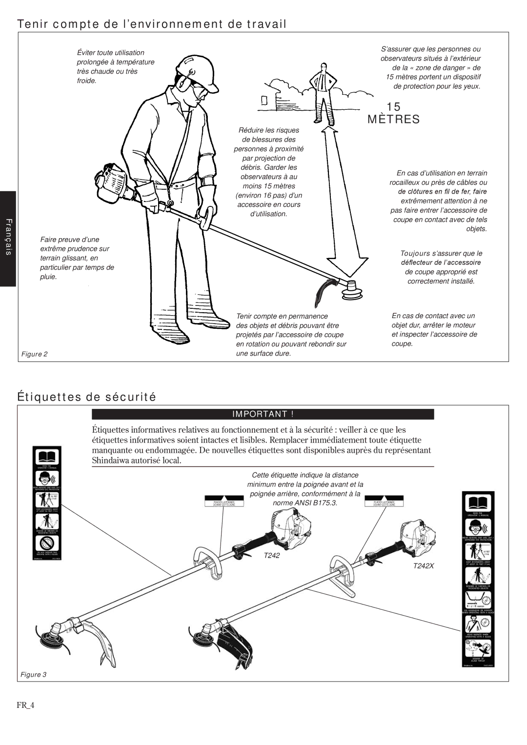 Shindaiwa T242/EVC, T242X/EVC manual Tenir compte de l’environnement de travail, Étiquettes de sécurité 