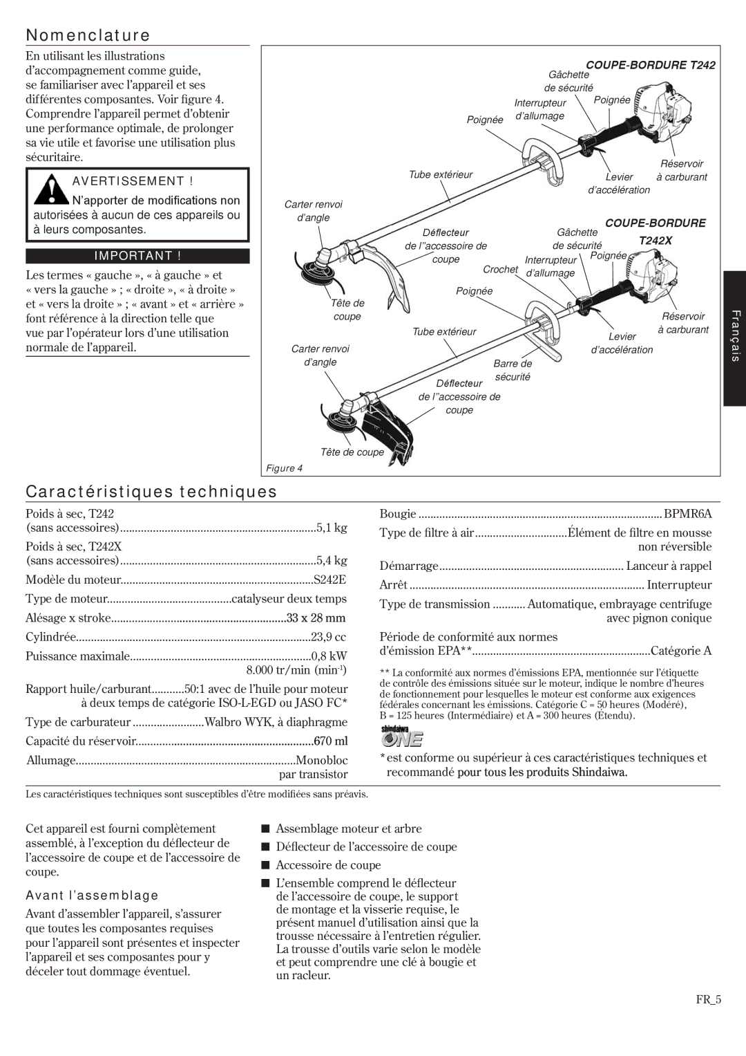 Shindaiwa T242X/EVC, T242/EVC manual Nomenclature, Caractéristiques techniques, Avant l’assemblage 