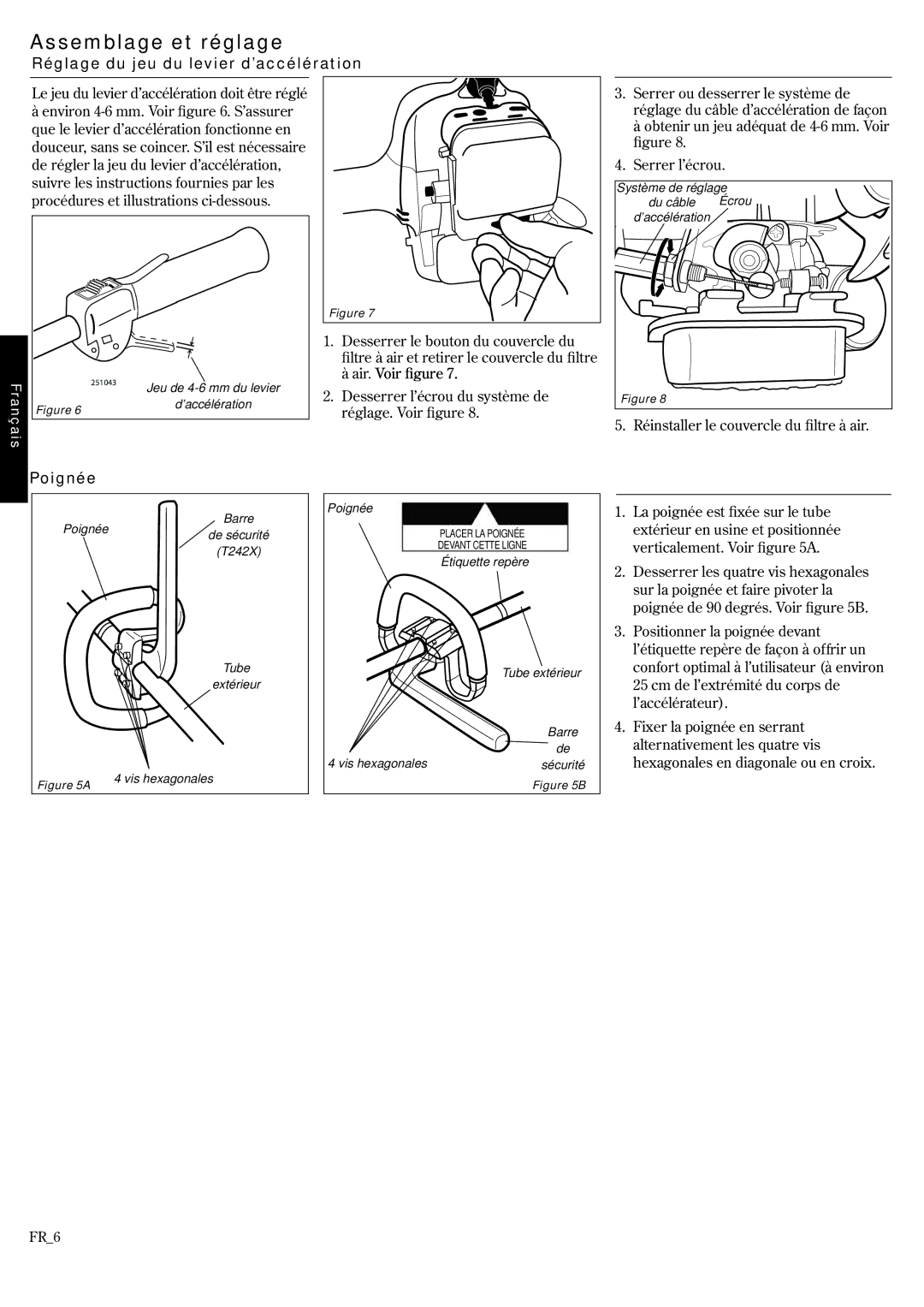 Shindaiwa T242/EVC, T242X/EVC manual Assemblage et réglage, Réglage du jeu du levier d’accélération, Poignée 