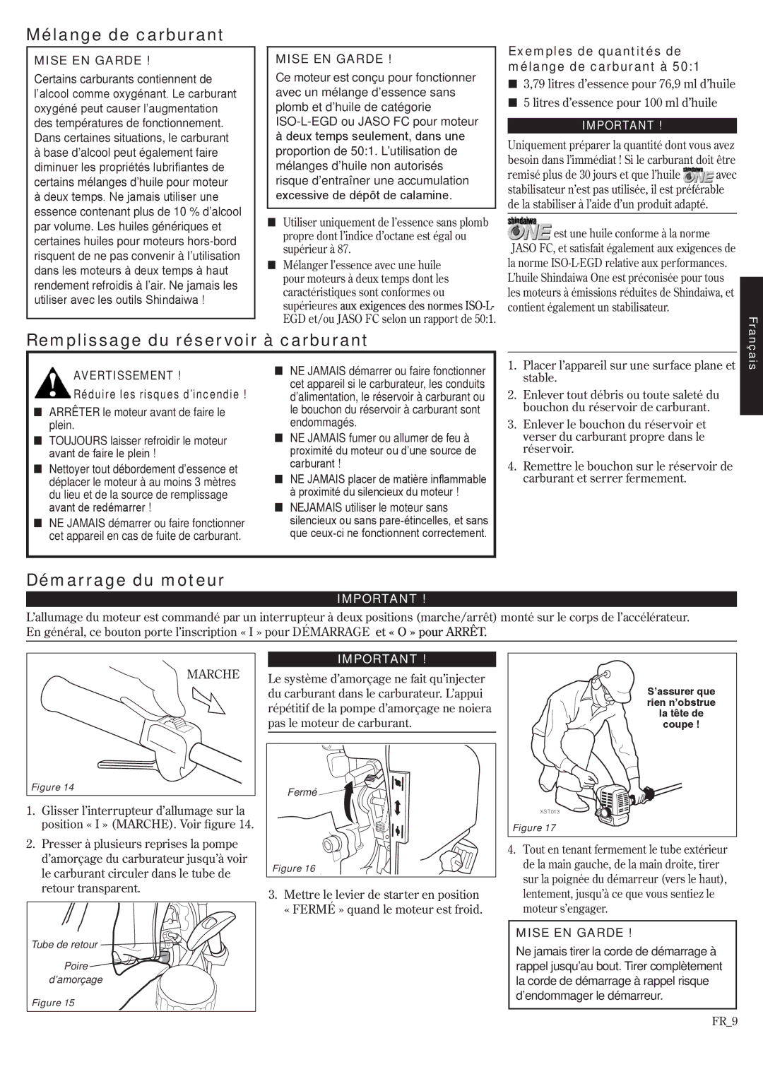 Shindaiwa T242X/EVC, T242/EVC manual Mélange de carburant, Remplissage du réservoir à carburant, Démarrage du moteur 