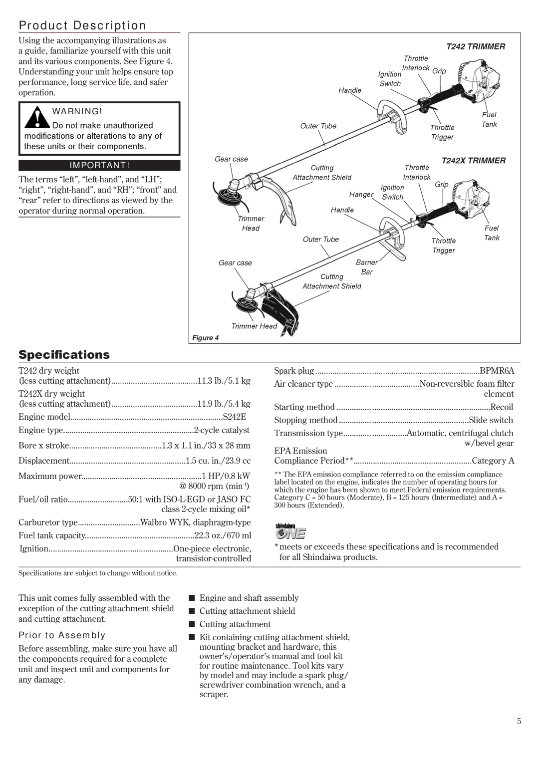 Shindaiwa T242X/EVC, T242/EVC manual Product Description, Specifications, Prior to Assembly 