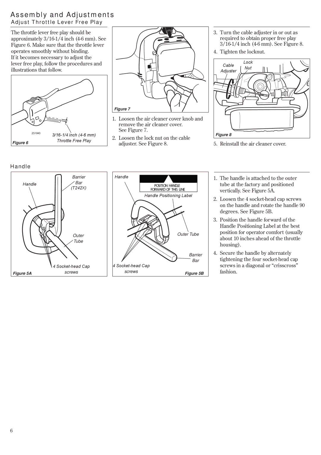 Shindaiwa T242/EVC, T242X/EVC manual Assembly and Adjustments, Adjust Throttle Lever Free Play, Handle 