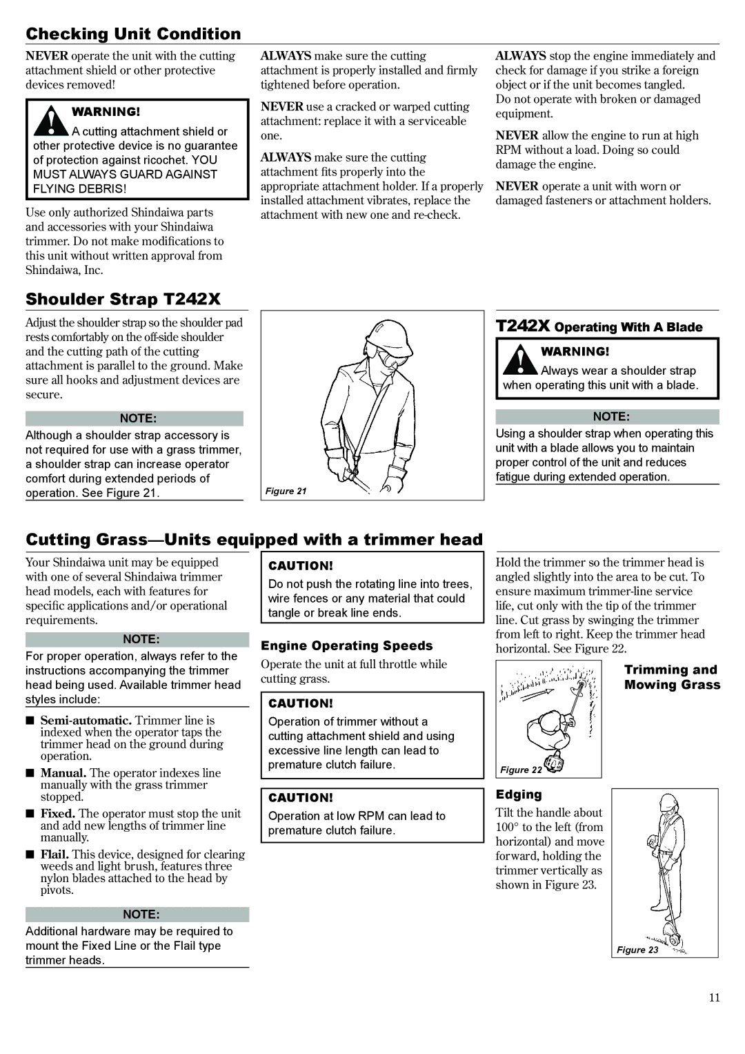 Shindaiwa 81643 manual Checking Unit Condition, Shoulder Strap T242X, Cutting Grass-Units equipped with a trimmer head 