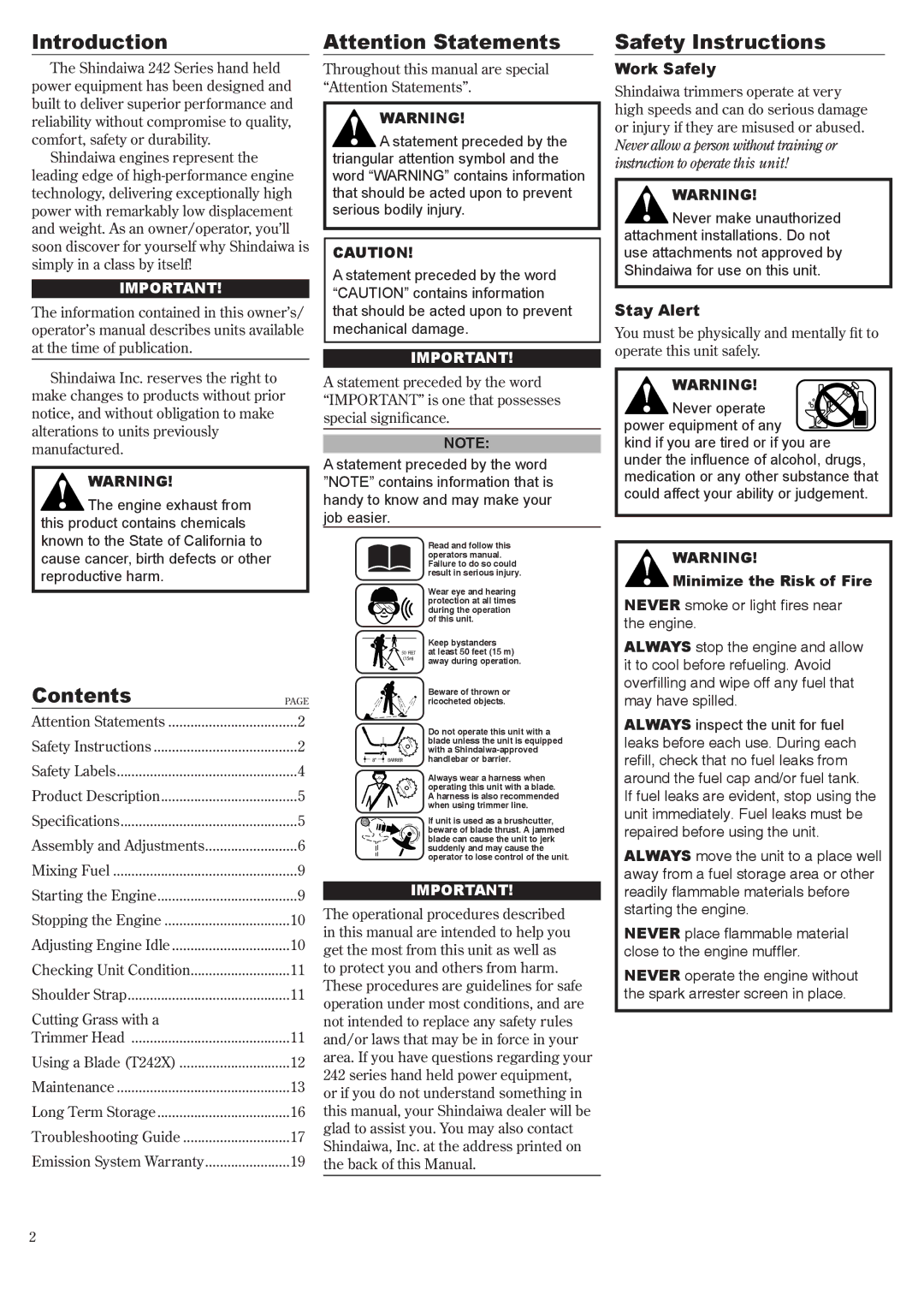 Shindaiwa T242X, 81643 manual Introduction, Contents, Safety Instructions 