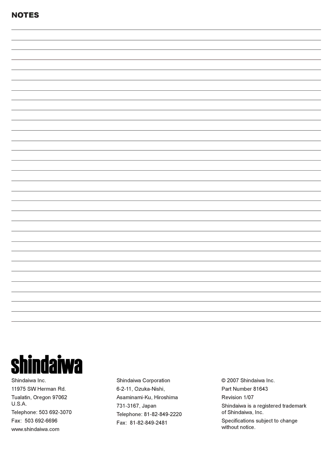 Shindaiwa T242X, 81643 manual Fax 503 