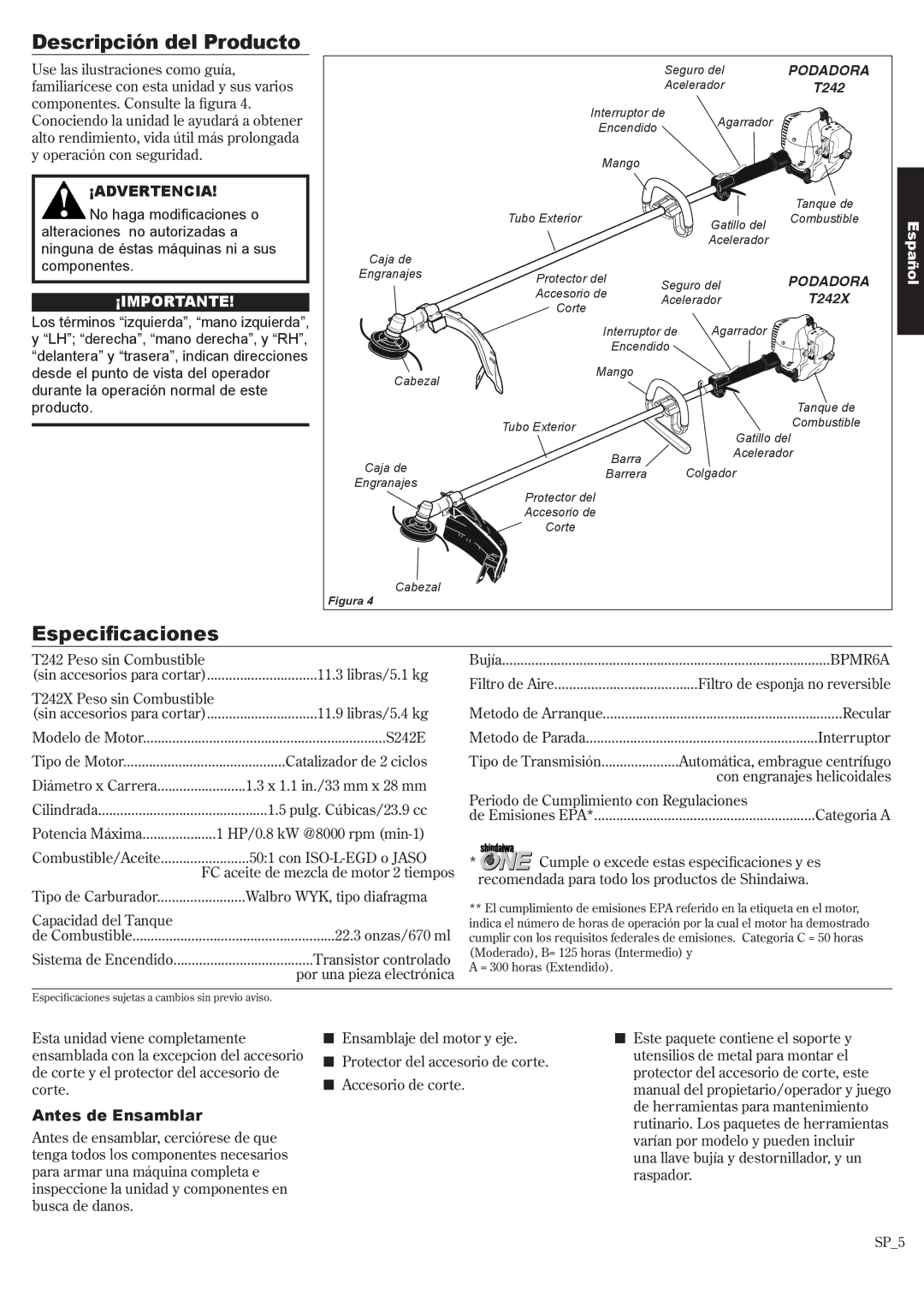 Shindaiwa 81643, T242X manual Descripción del Producto, Especificaciones, Antes de Ensamblar 