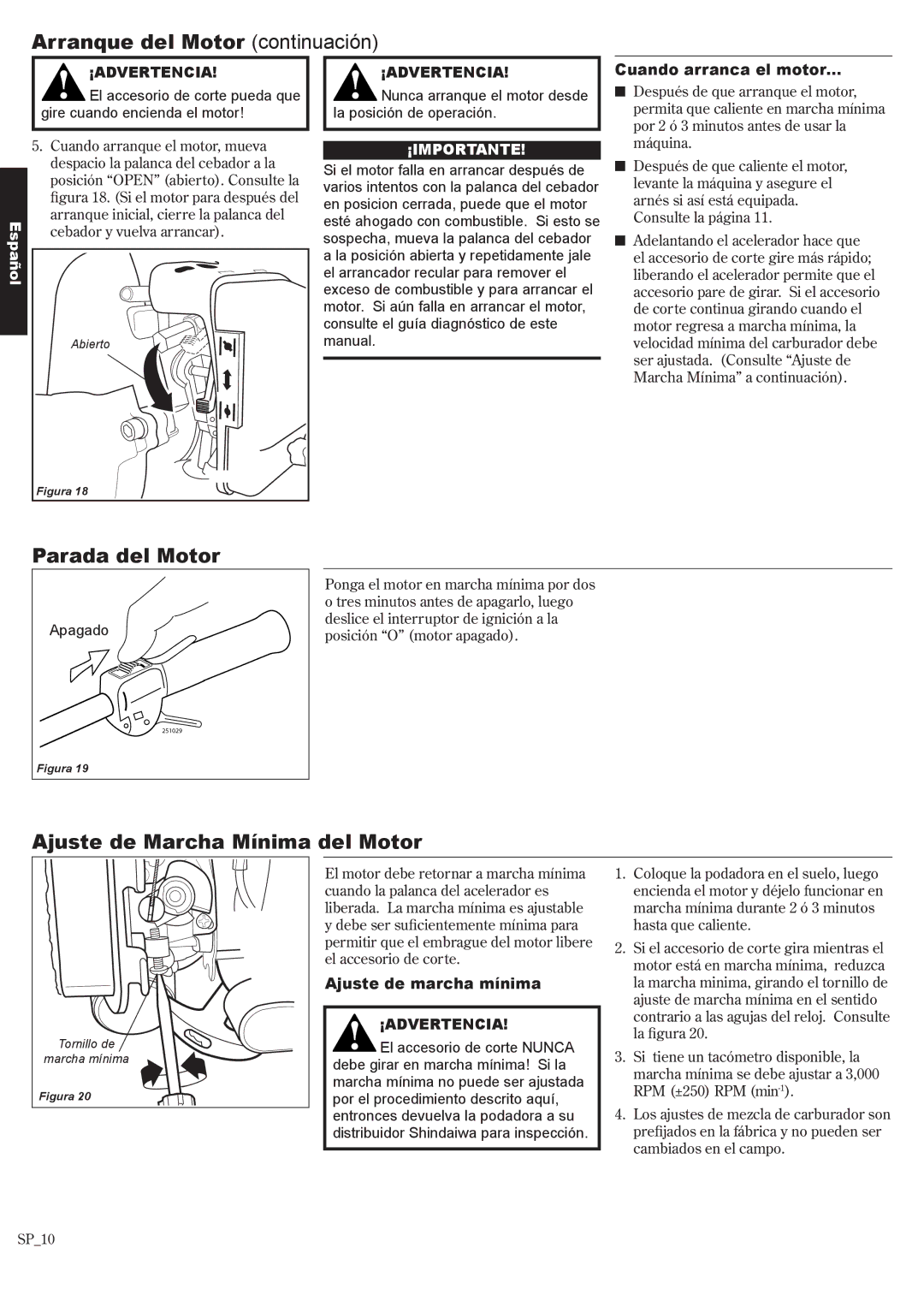 Shindaiwa T242X, 81643 manual Arranque del Motor continuación, Parada del Motor, Ajuste de Marcha Mínima del Motor 