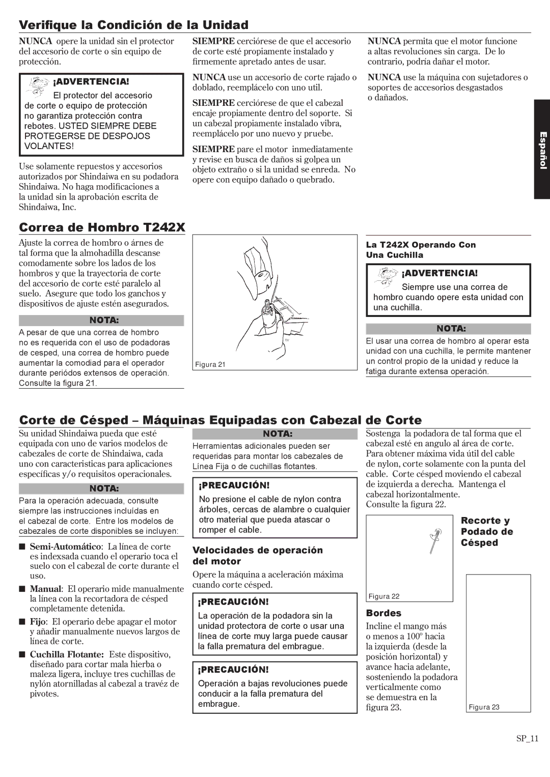 Shindaiwa 81643 manual Verifique la Condición de la Unidad, Correa de Hombro T242X 