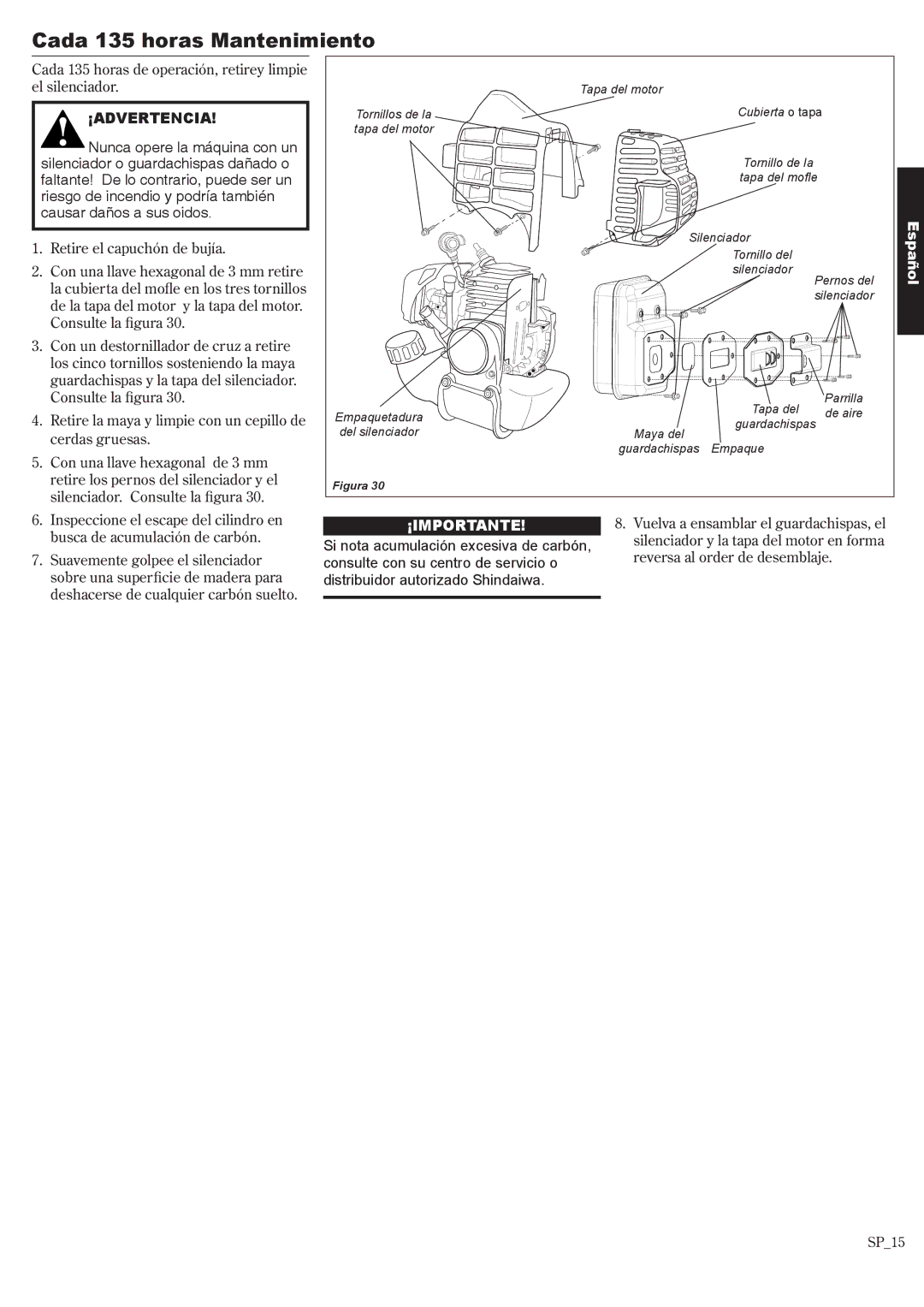 Shindaiwa 81643 Cada 135 horas Mantenimiento, Si nota acumulación excesiva de carbón, Consulte con su centro de servicio o 